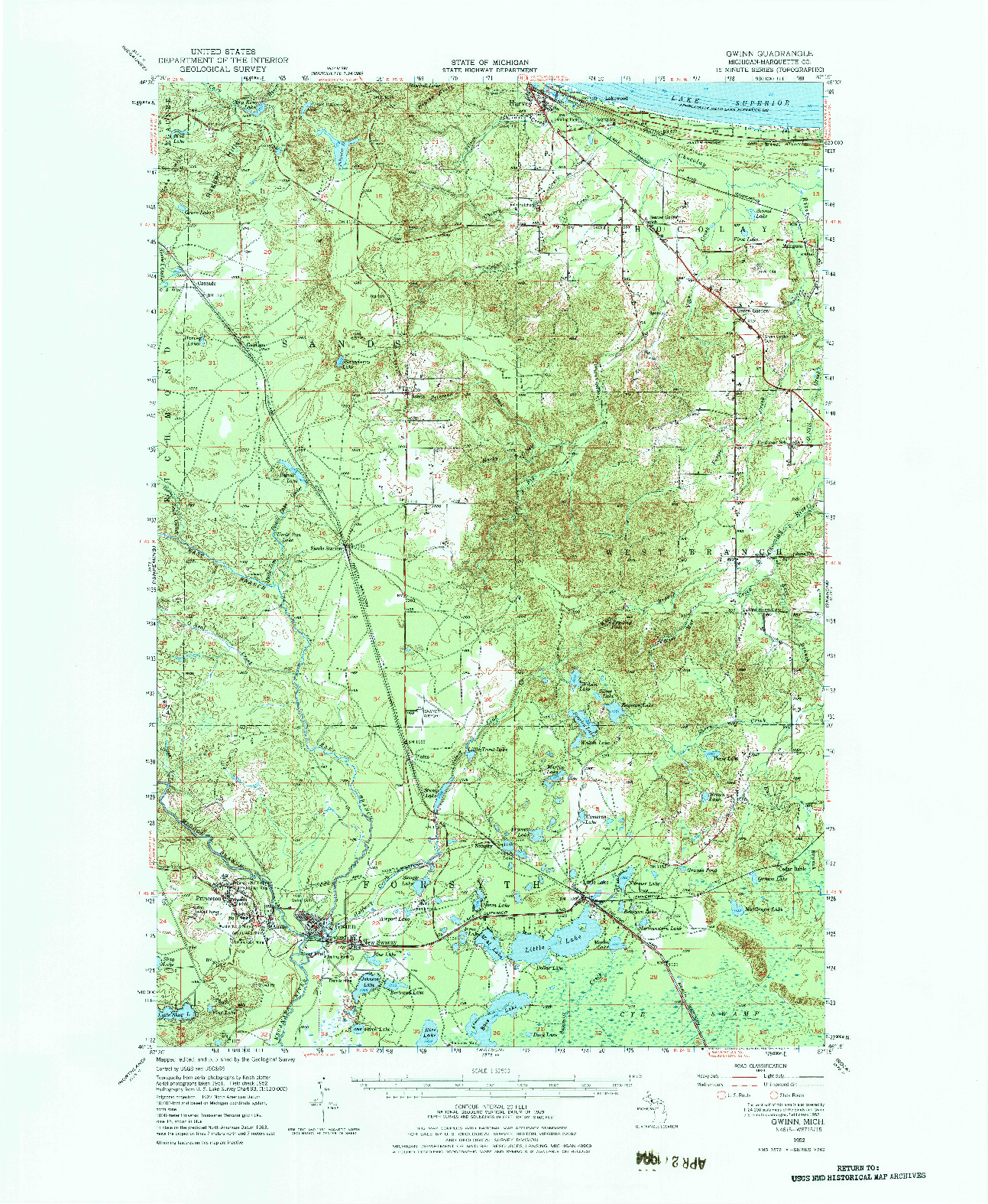 USGS 1:62500-SCALE QUADRANGLE FOR GWINN, MI 1952