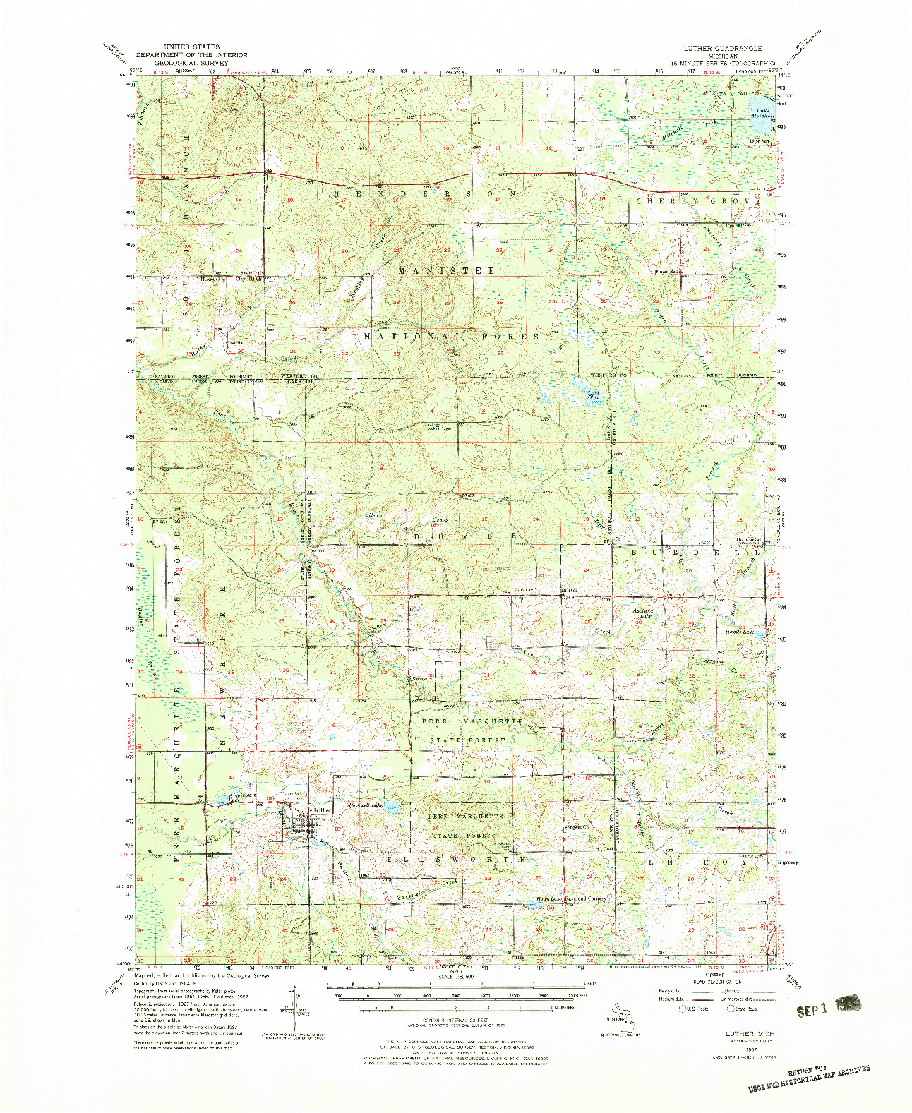 USGS 1:62500-SCALE QUADRANGLE FOR LUTHER, MI 1957