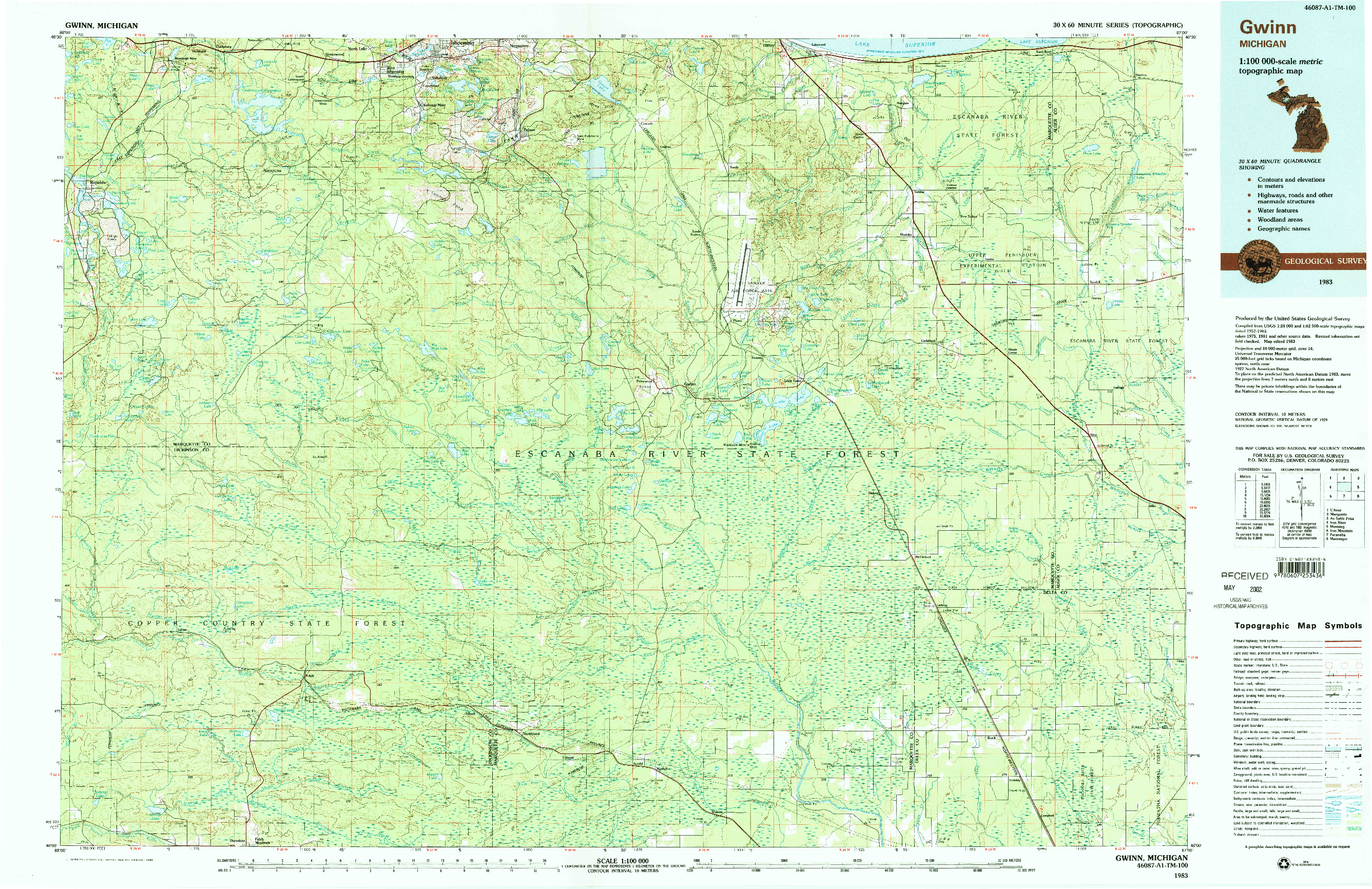 USGS 1:100000-SCALE QUADRANGLE FOR GWINN, MI 1983