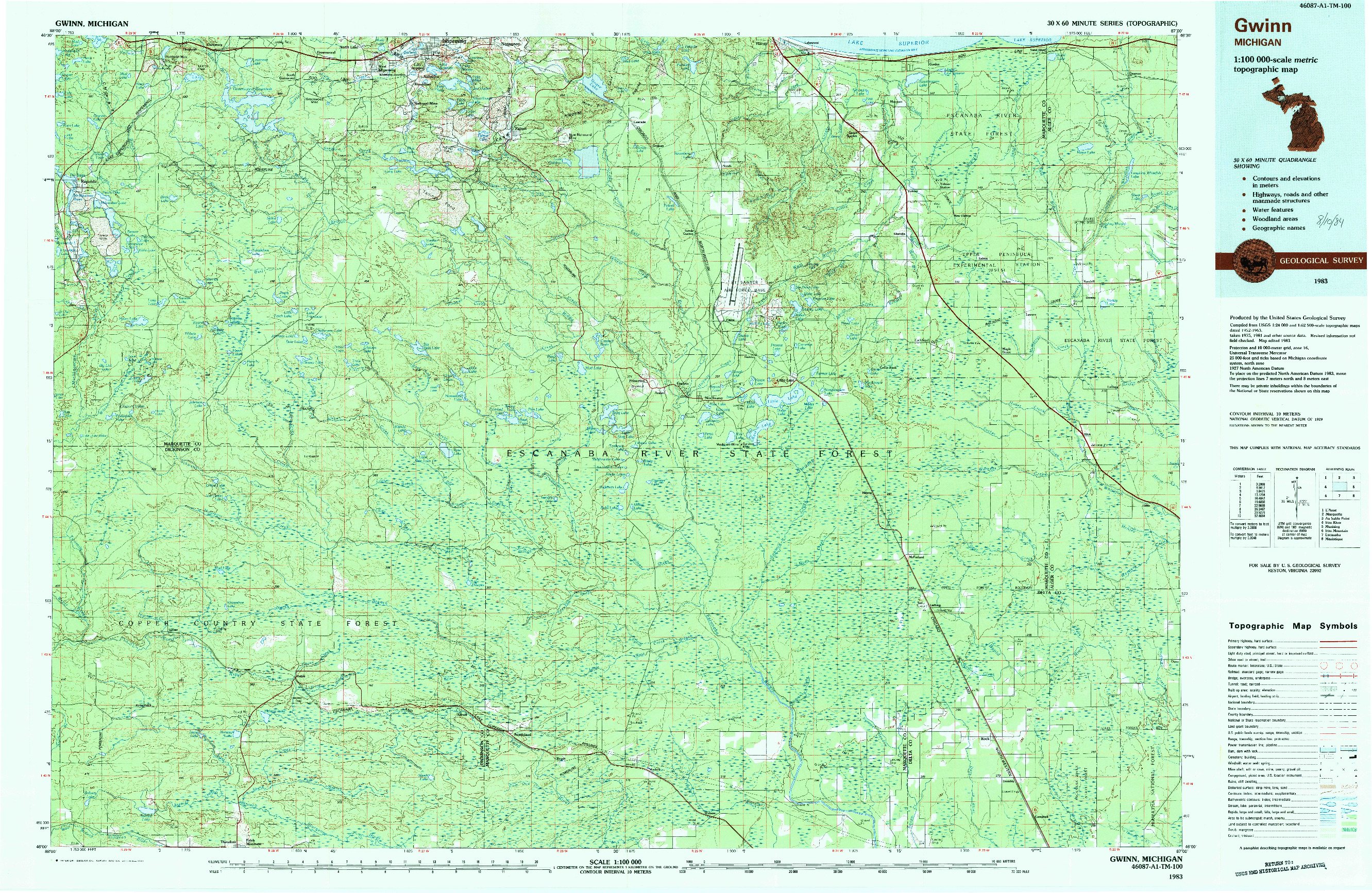 USGS 1:100000-SCALE QUADRANGLE FOR GWINN, MI 1983