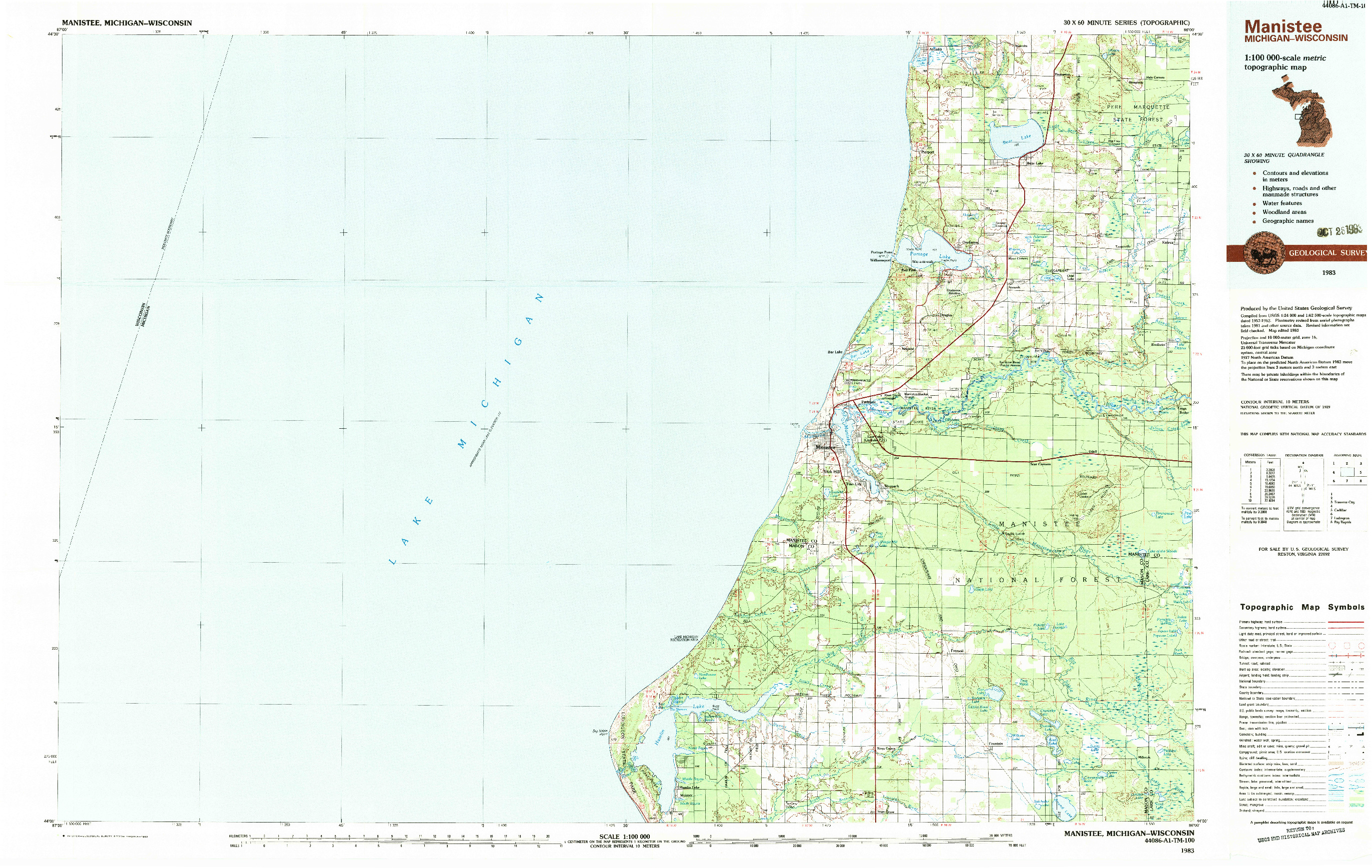 USGS 1:100000-SCALE QUADRANGLE FOR MANISTEE, MI 1983