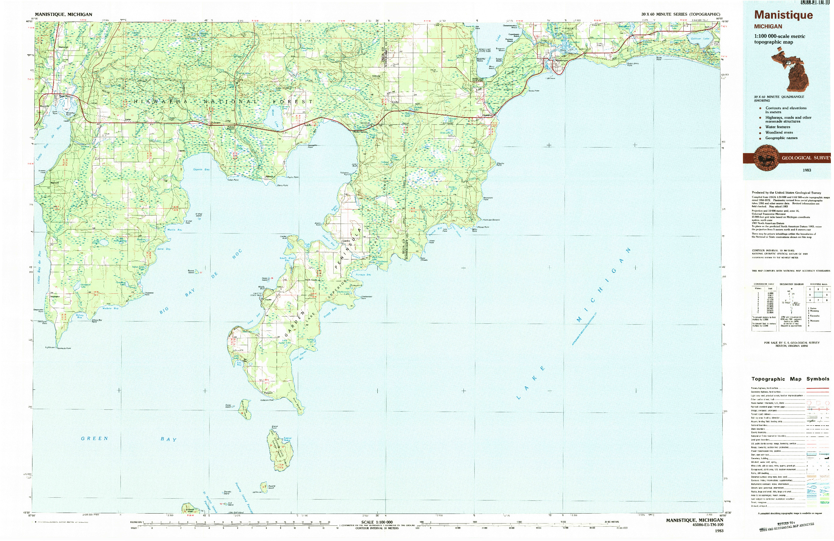 USGS 1:100000-SCALE QUADRANGLE FOR MANISTIQUE, MI 1983