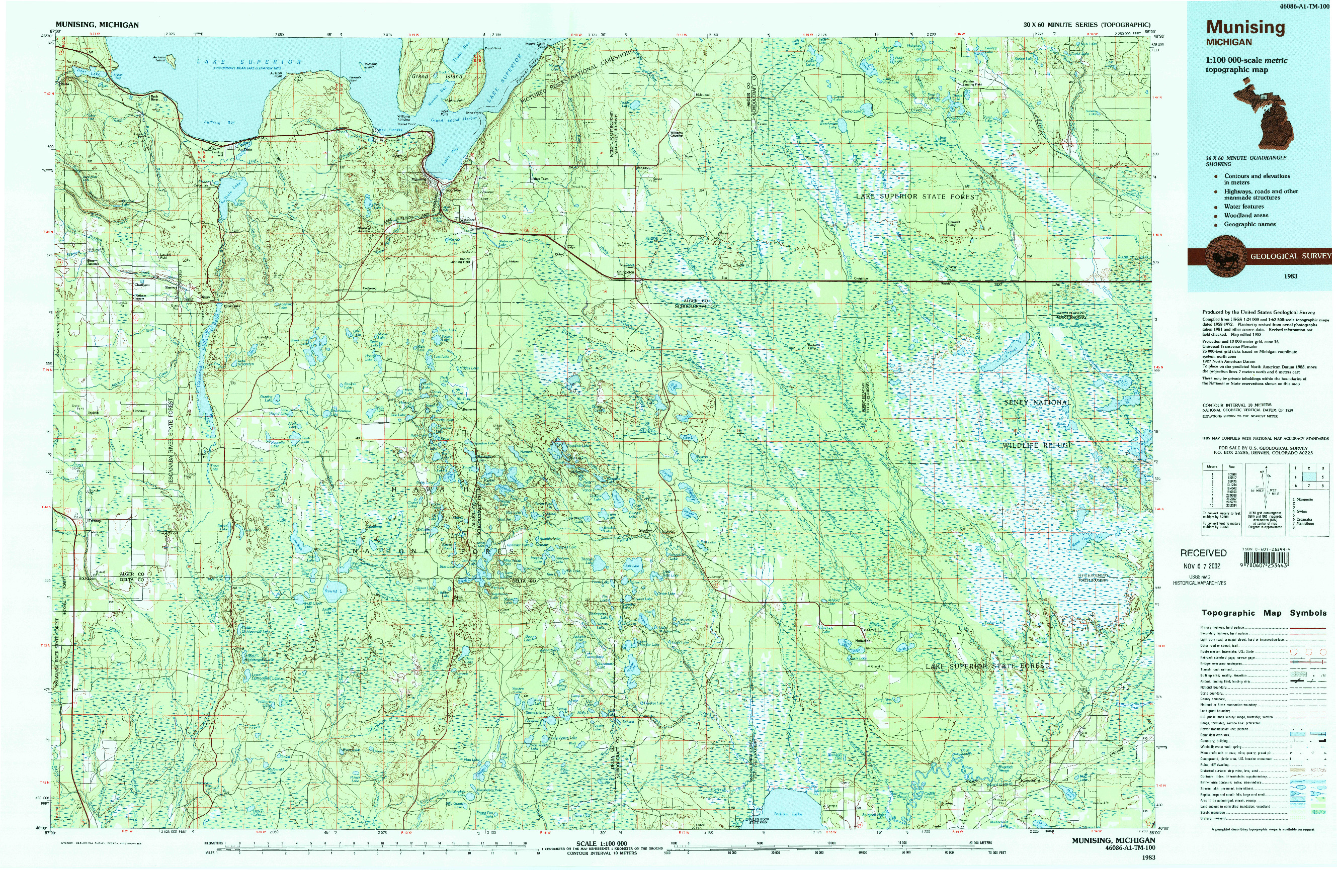 USGS 1:100000-SCALE QUADRANGLE FOR MUNISING, MI 1983