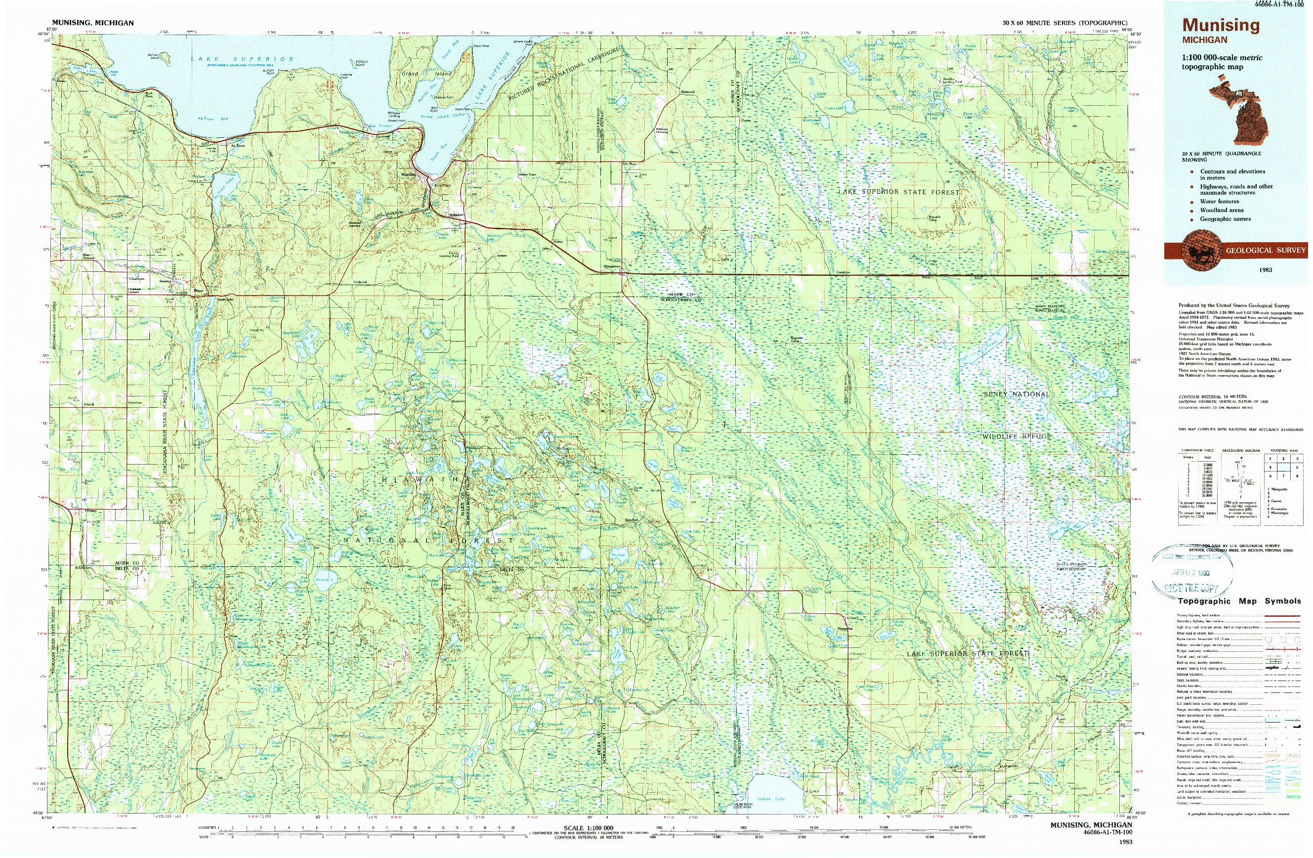 USGS 1:100000-SCALE QUADRANGLE FOR MUNISING, MI 1983