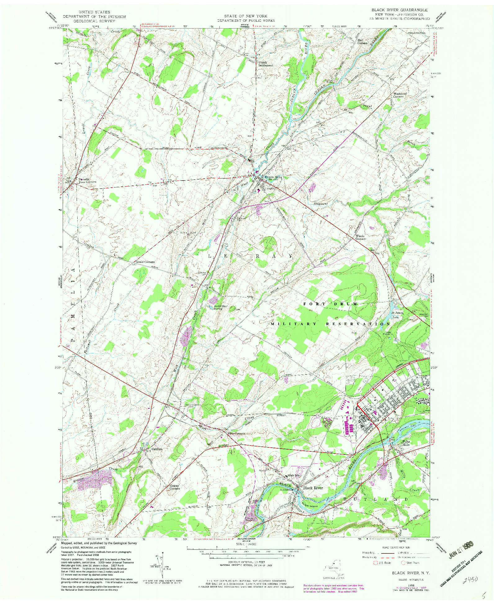 USGS 1:24000-SCALE QUADRANGLE FOR BLACK RIVER, NY 1958