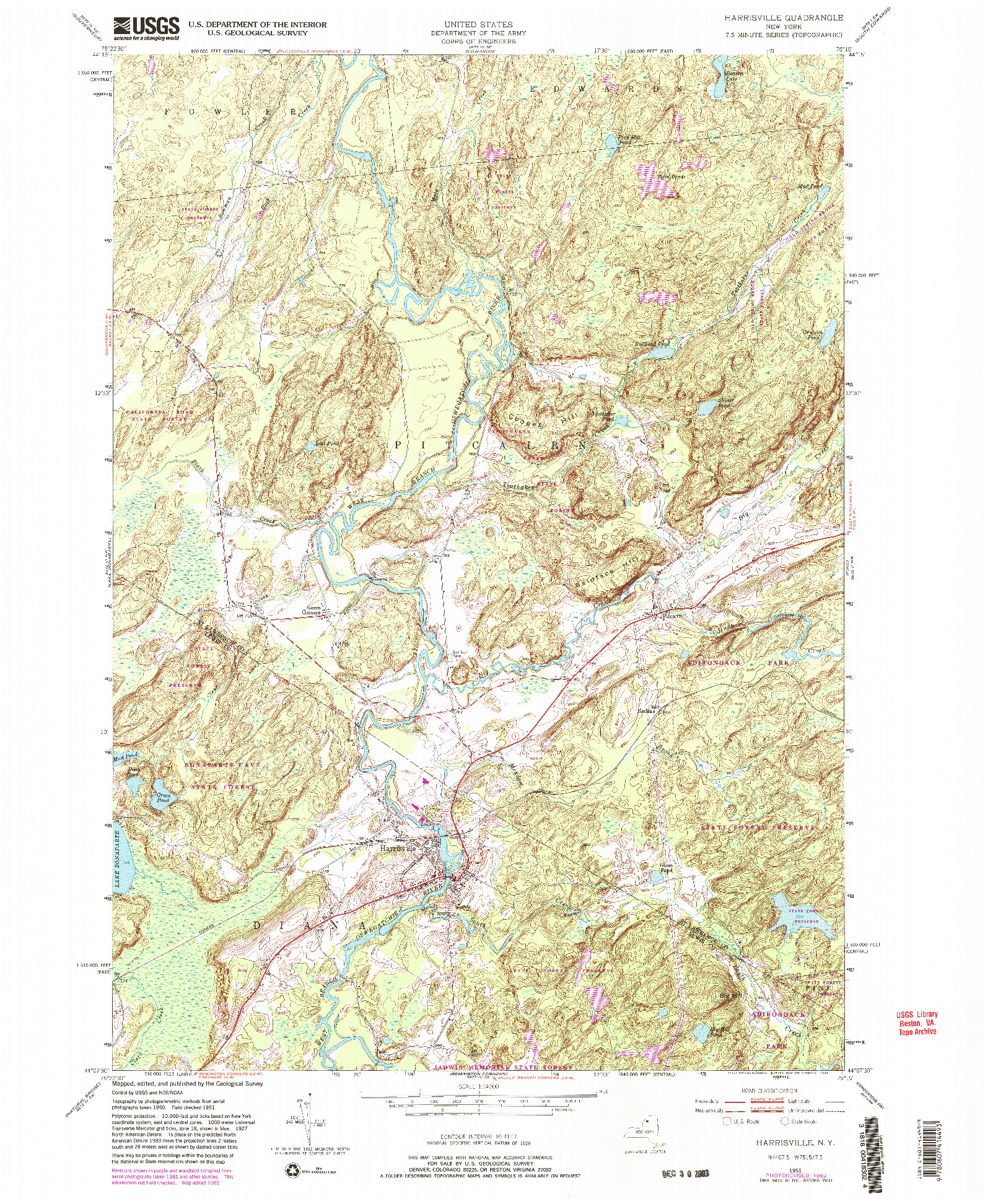 USGS 1:24000-SCALE QUADRANGLE FOR HARRISVILLE, NY 1951