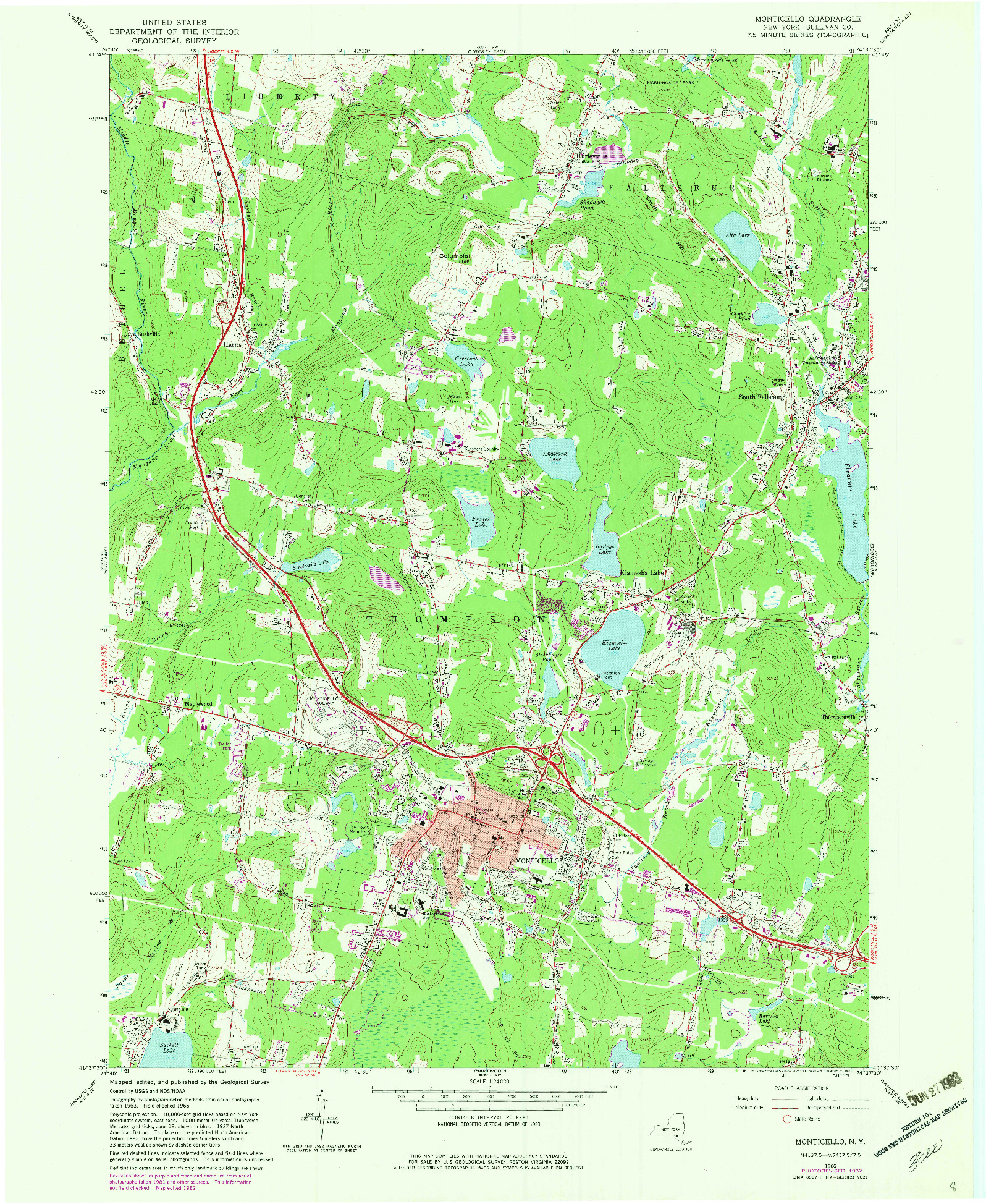 USGS 1:24000-SCALE QUADRANGLE FOR MONTICELLO, NY 1966