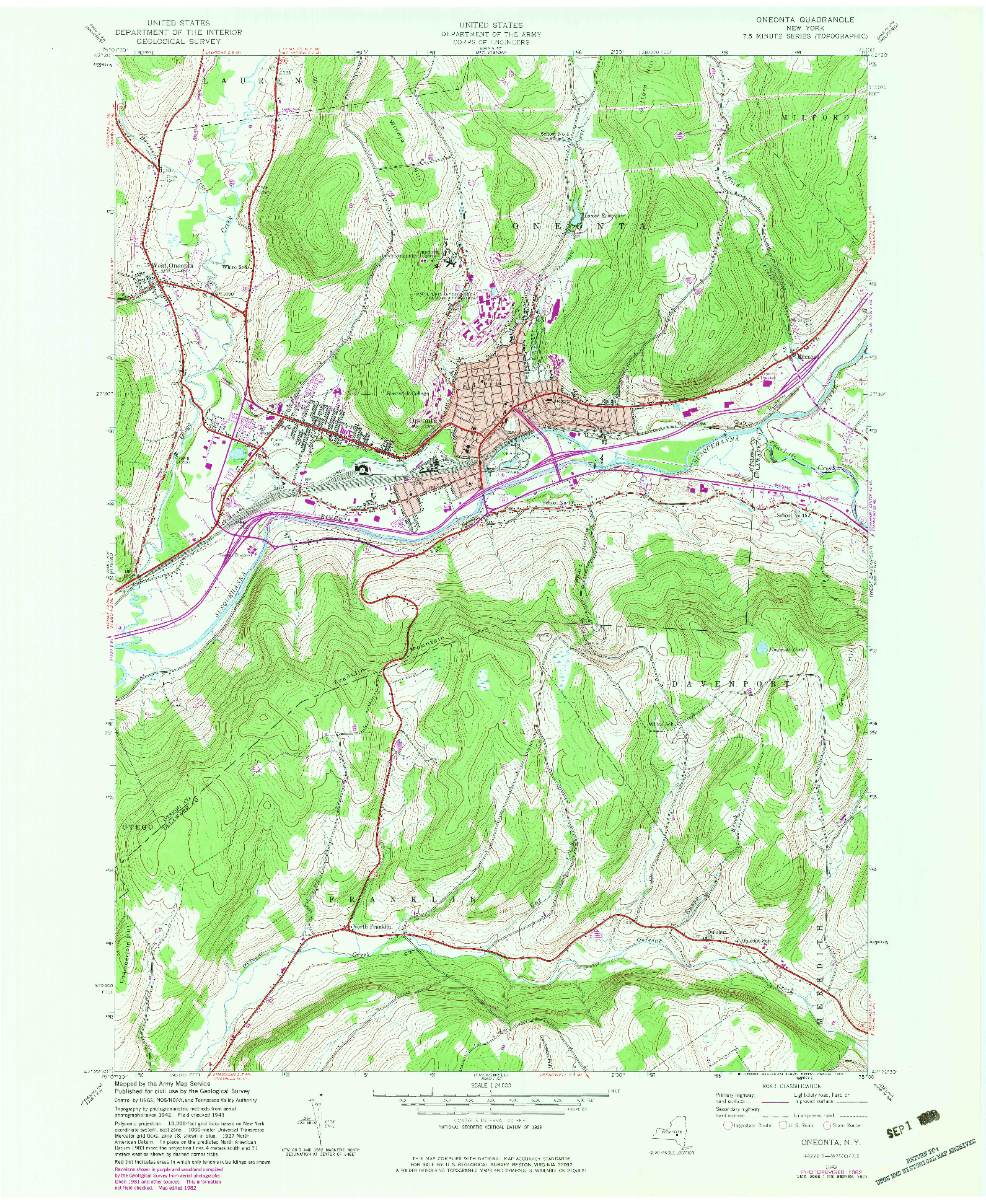 USGS 1:24000-SCALE QUADRANGLE FOR ONEONTA, NY 1943