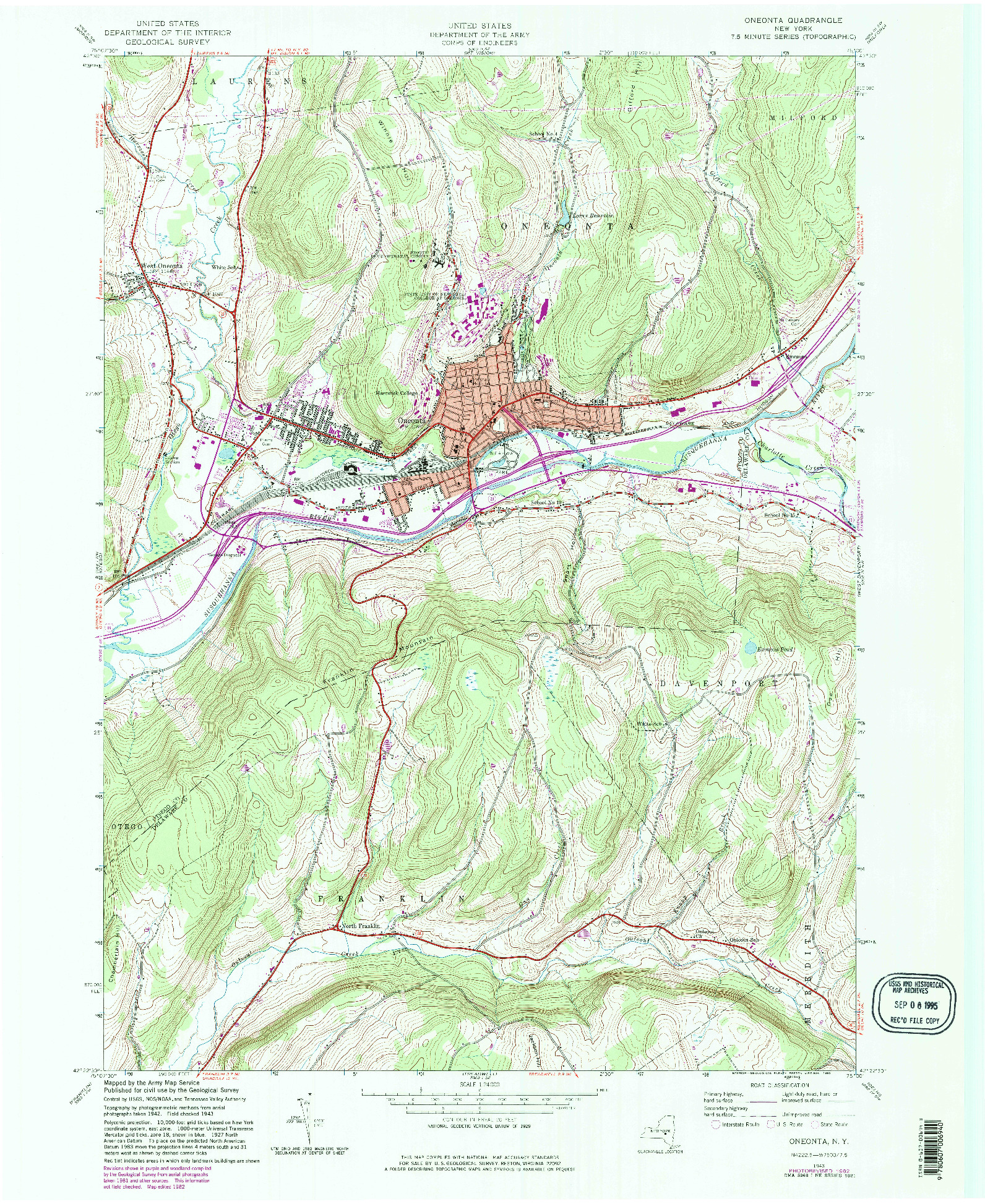 USGS 1:24000-SCALE QUADRANGLE FOR ONEONTA, NY 1943