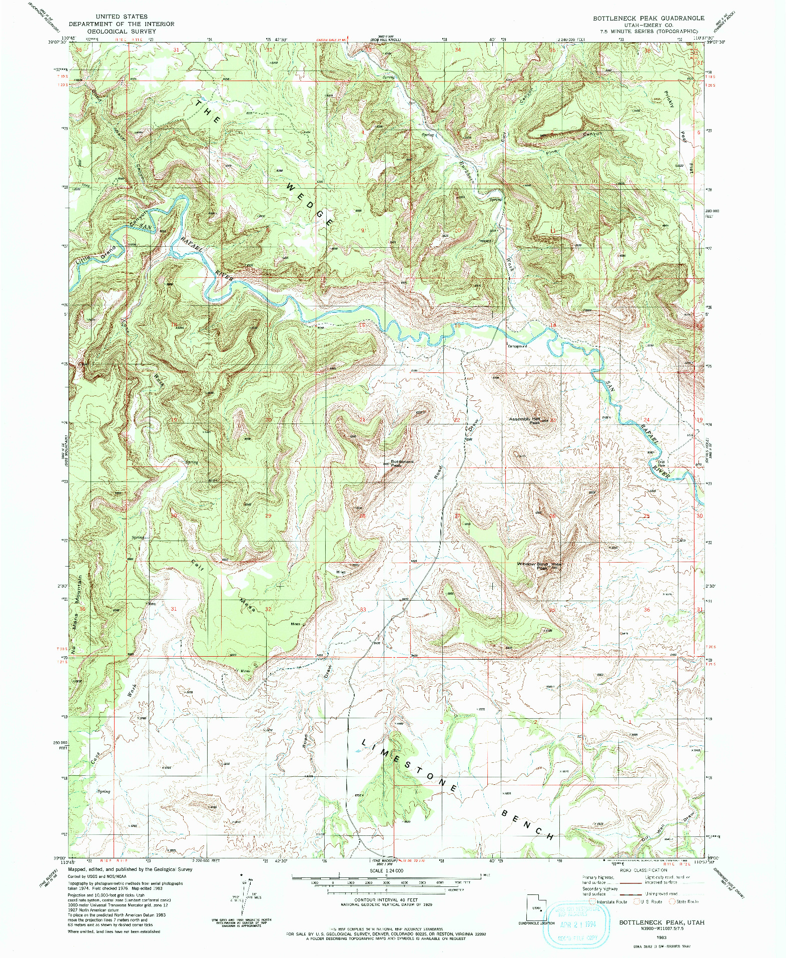 USGS 1:24000-SCALE QUADRANGLE FOR BOTTLENECK PEAK, UT 1983