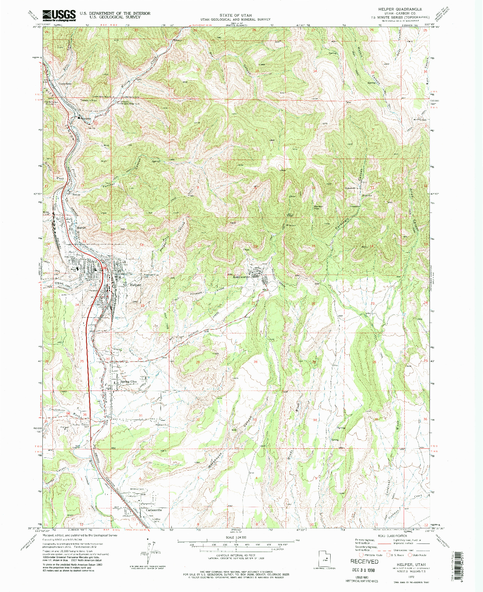 USGS 1:24000-SCALE QUADRANGLE FOR HELPER, UT 1972