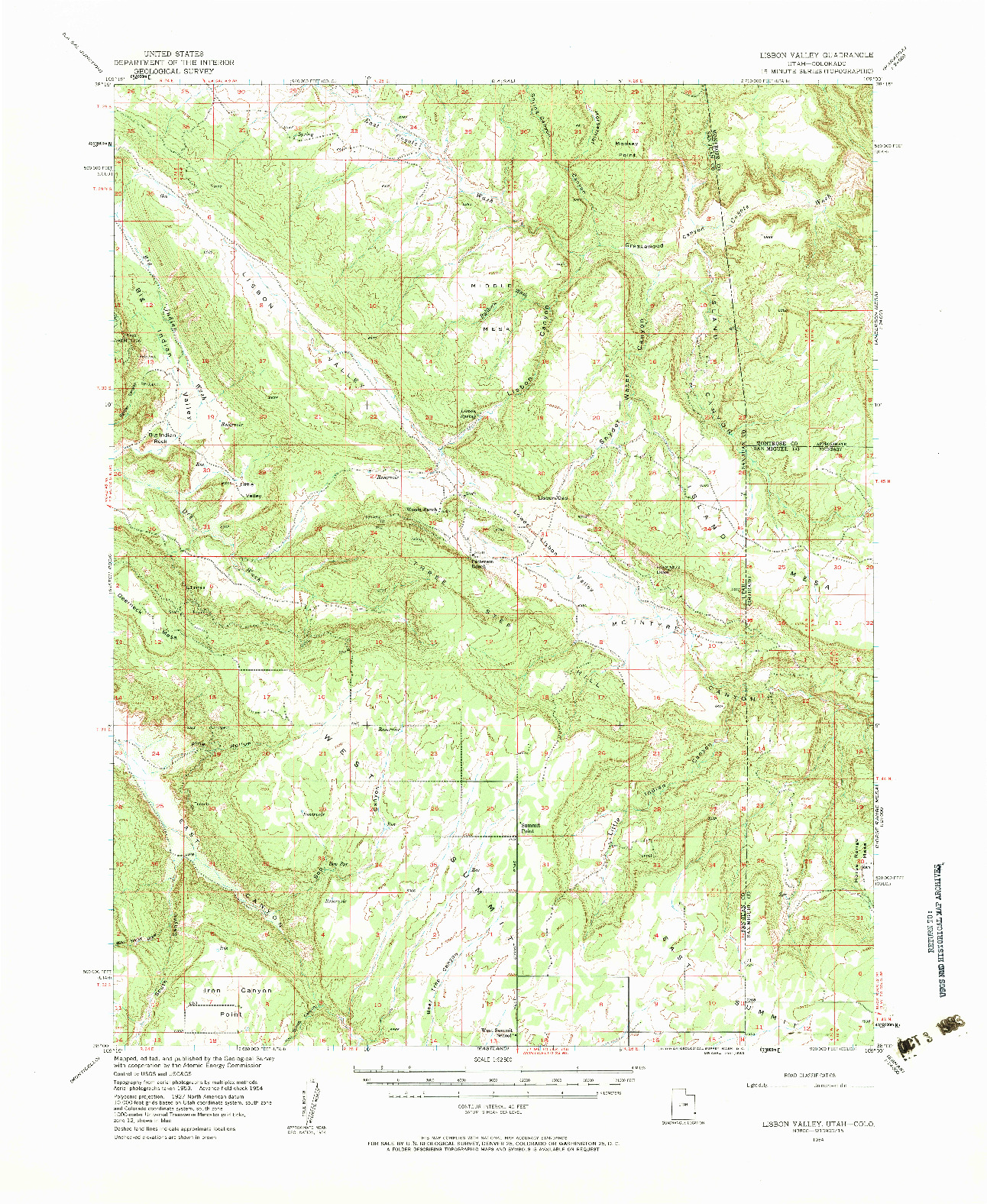 USGS 1:62500-SCALE QUADRANGLE FOR LISBON VALLEY, UT 1954