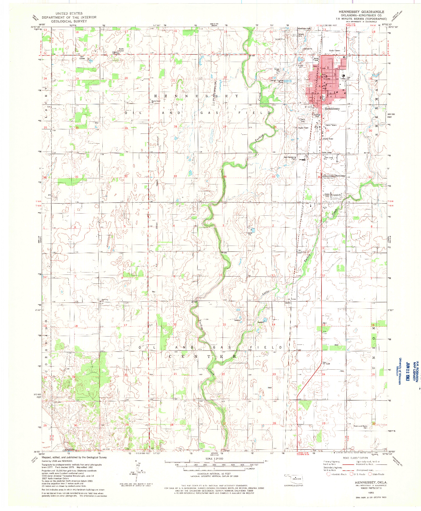 USGS 1:24000-SCALE QUADRANGLE FOR HENNESSEY, OK 1982