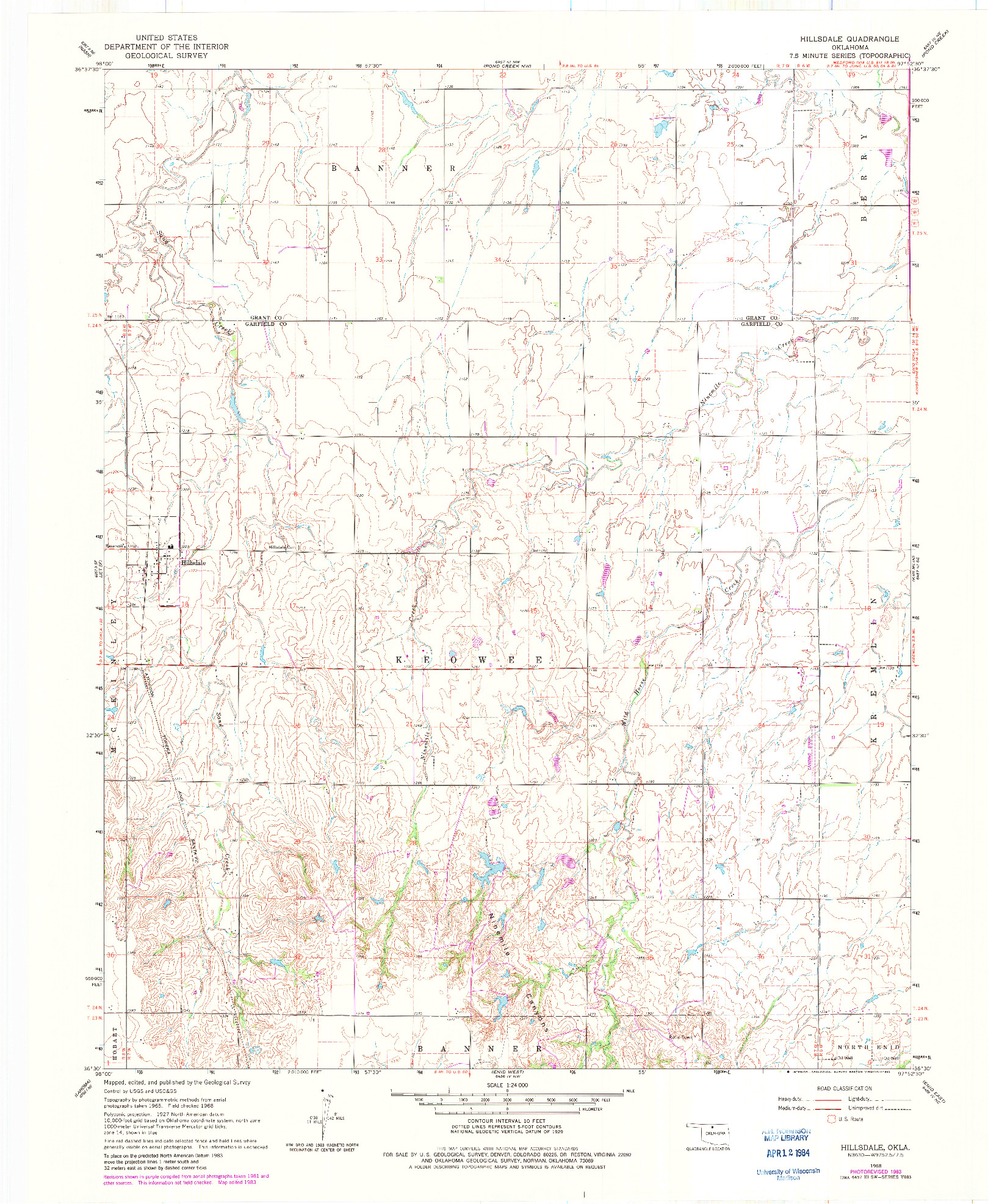 USGS 1:24000-SCALE QUADRANGLE FOR HILLSDALE, OK 1968