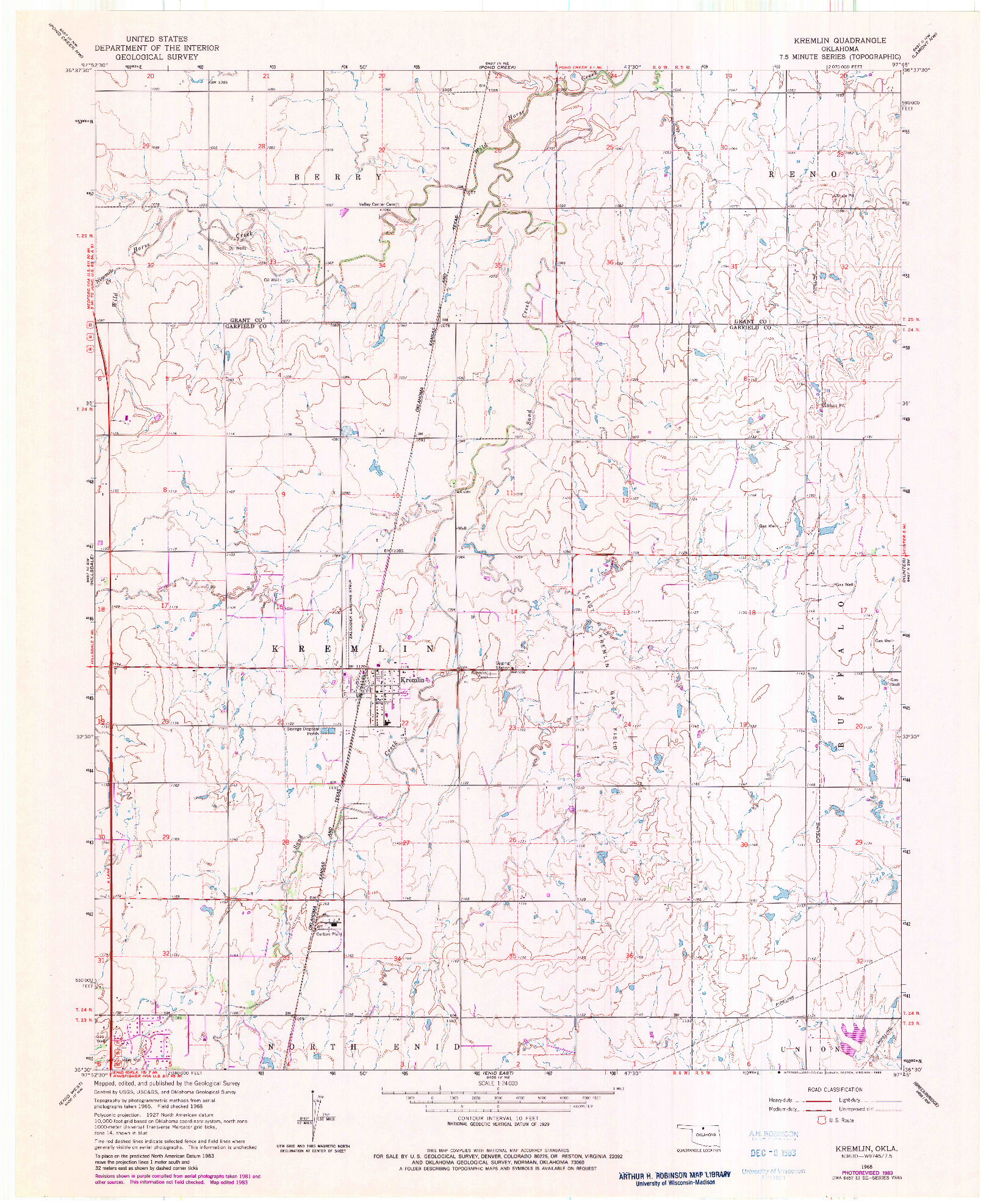 USGS 1:24000-SCALE QUADRANGLE FOR KREMLIN, OK 1968