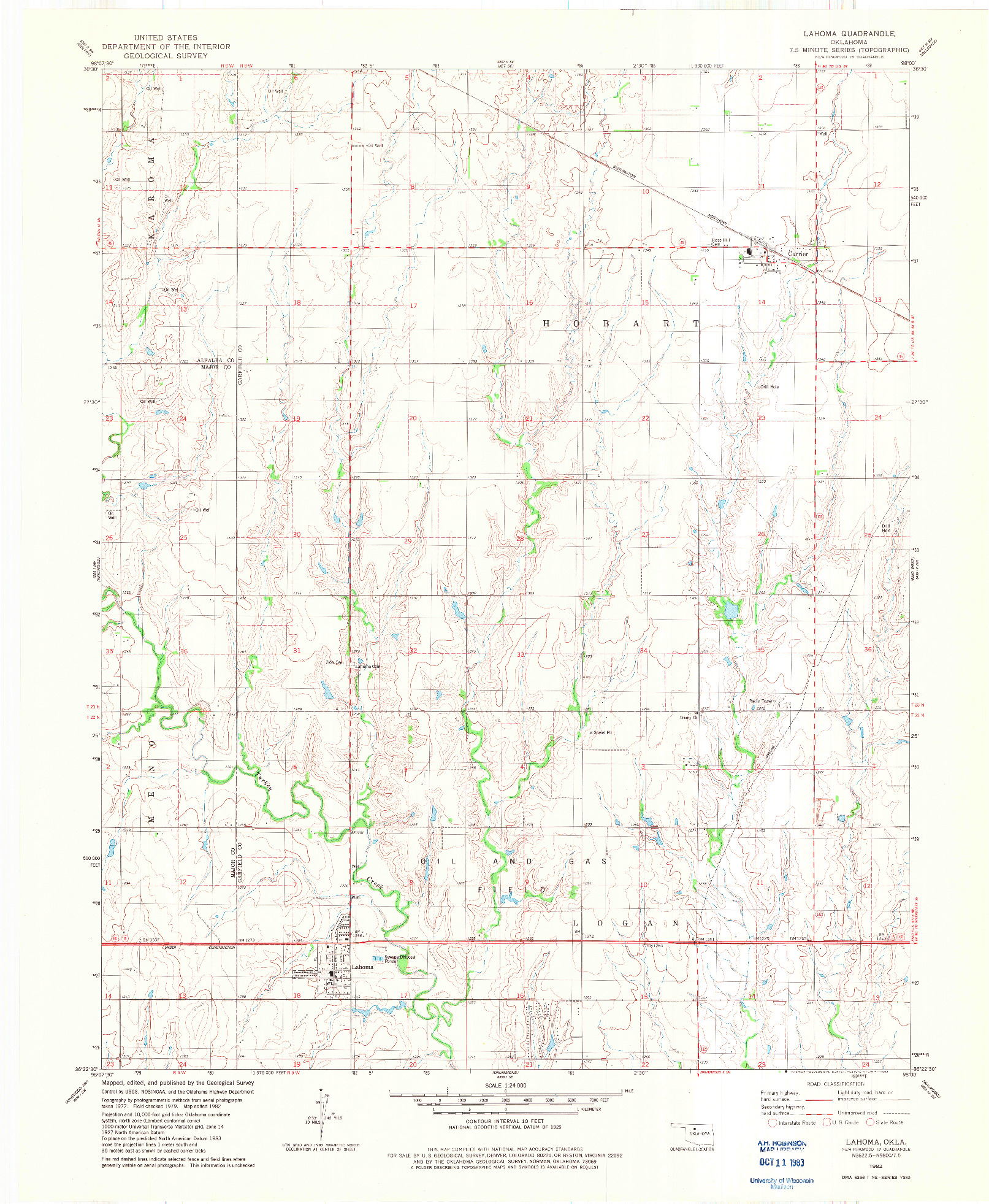 USGS 1:24000-SCALE QUADRANGLE FOR LAHOMA, OK 1982