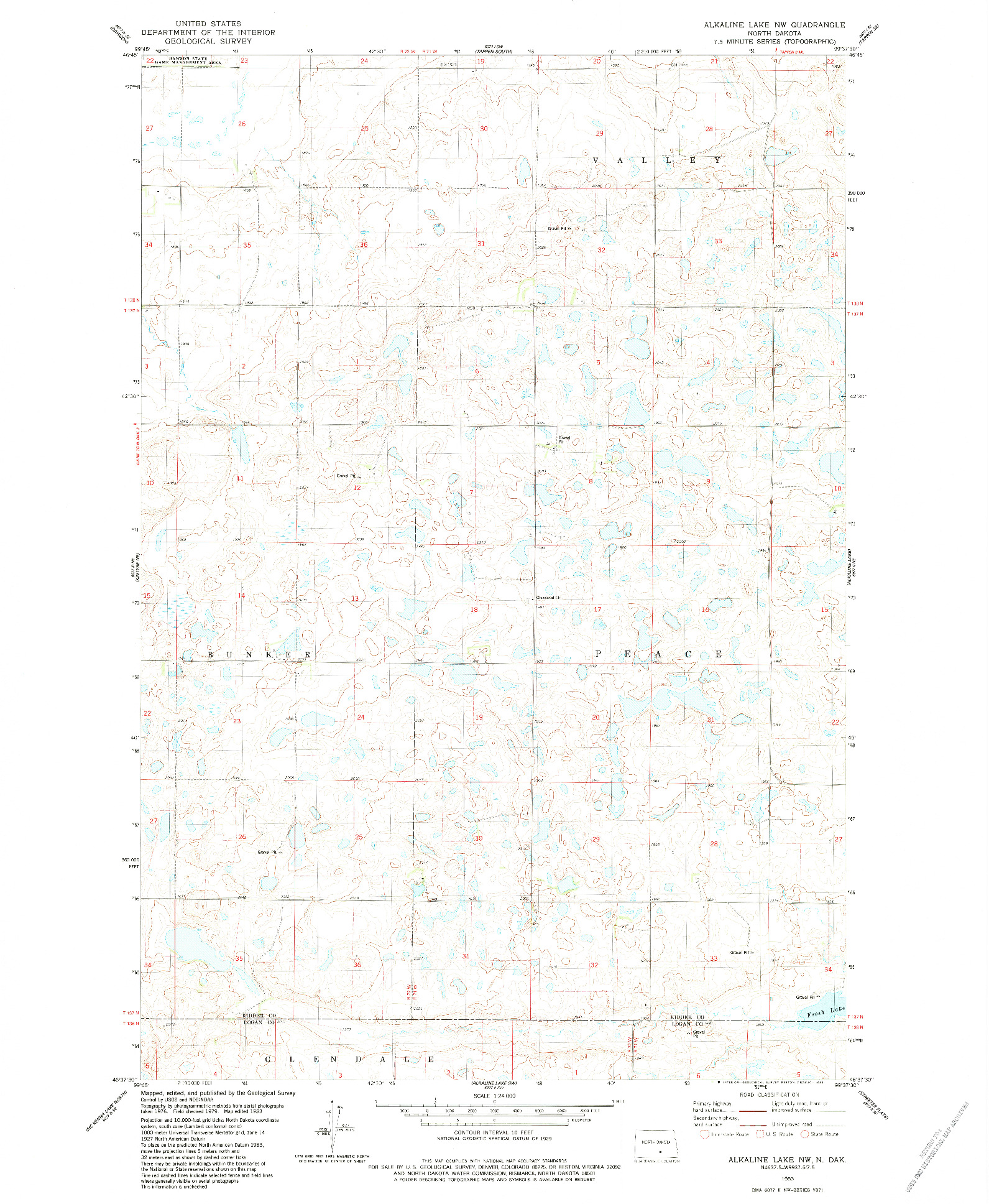 USGS 1:24000-SCALE QUADRANGLE FOR ALKALINE LAKE NW, ND 1983