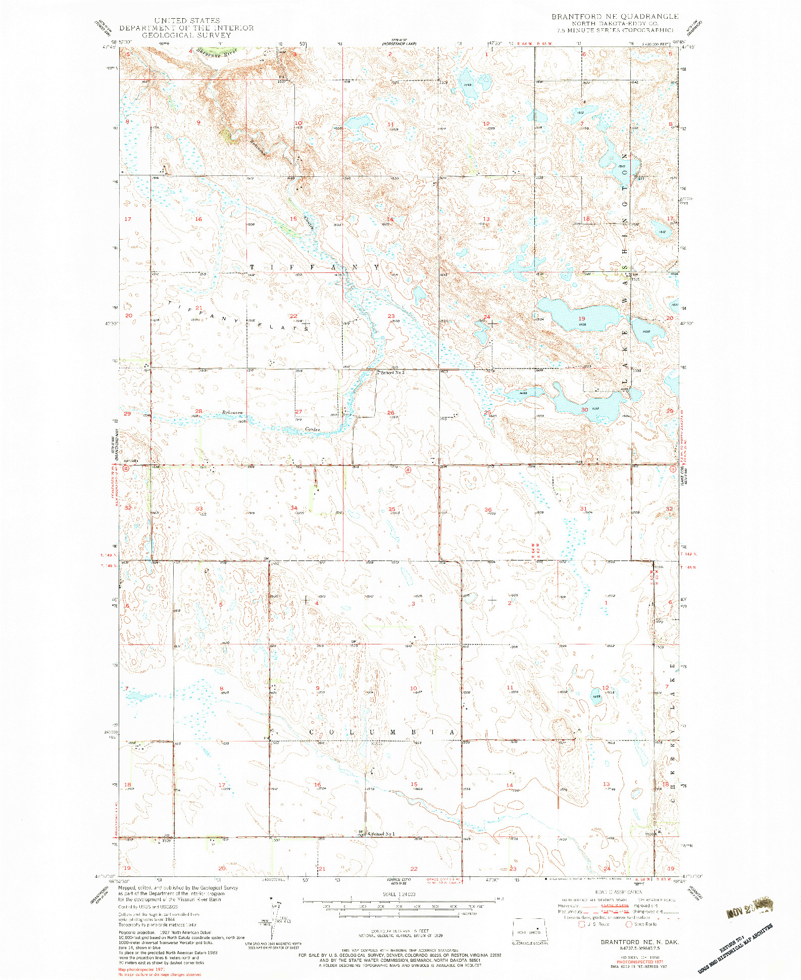 USGS 1:24000-SCALE QUADRANGLE FOR BRANTFORD NE, ND 1950