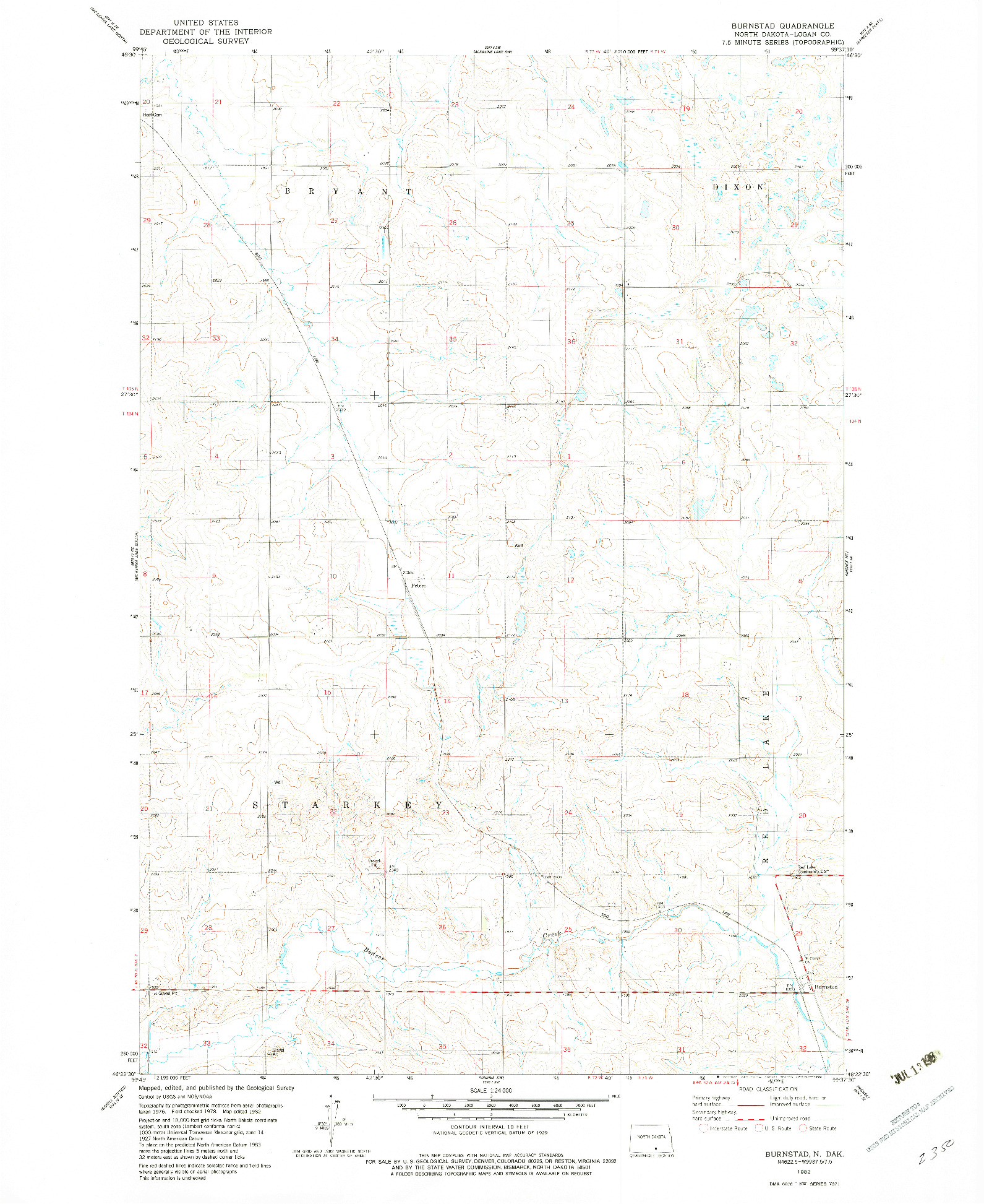 USGS 1:24000-SCALE QUADRANGLE FOR BURNSTAD, ND 1982