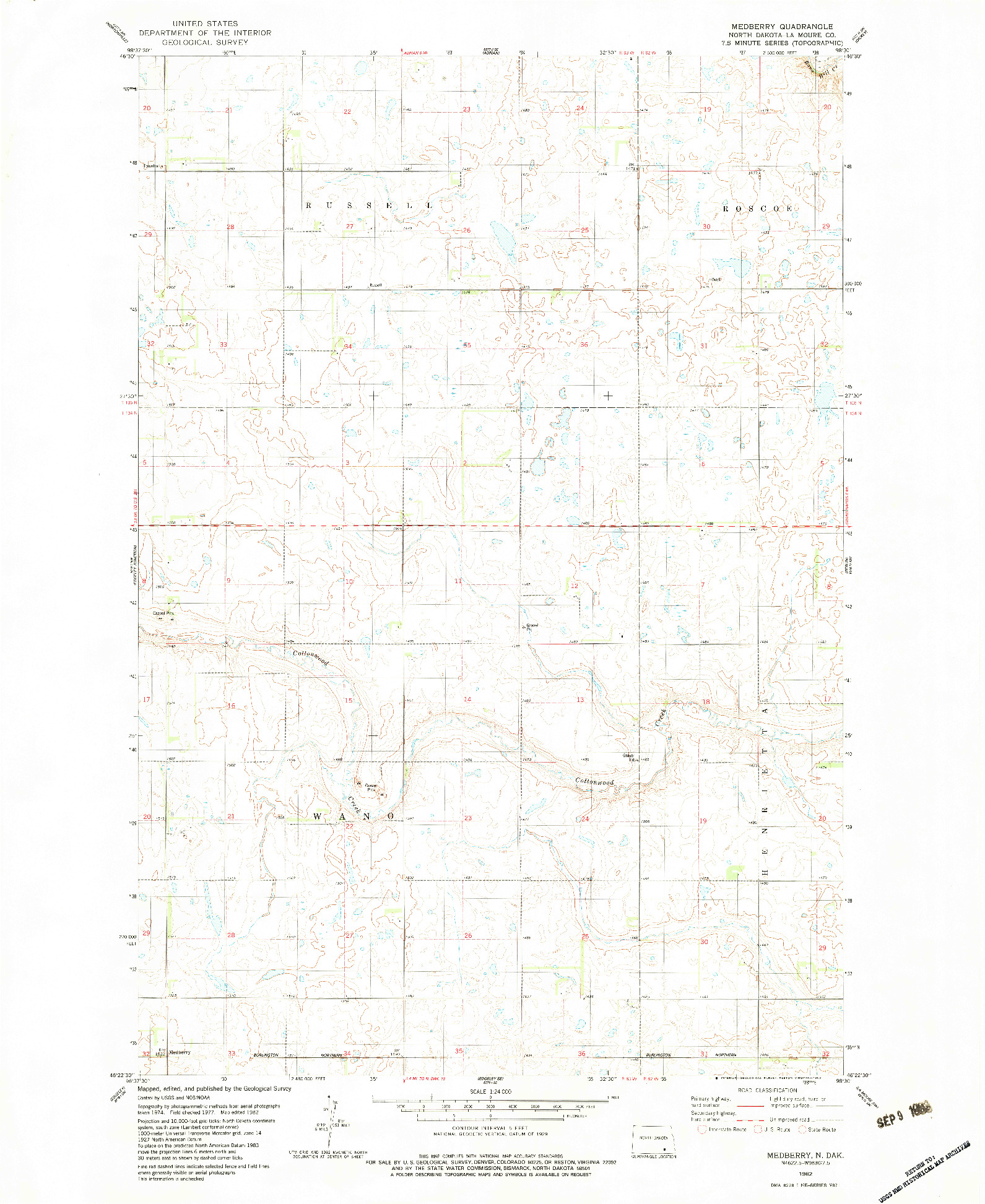 USGS 1:24000-SCALE QUADRANGLE FOR MEDBERRY, ND 1982