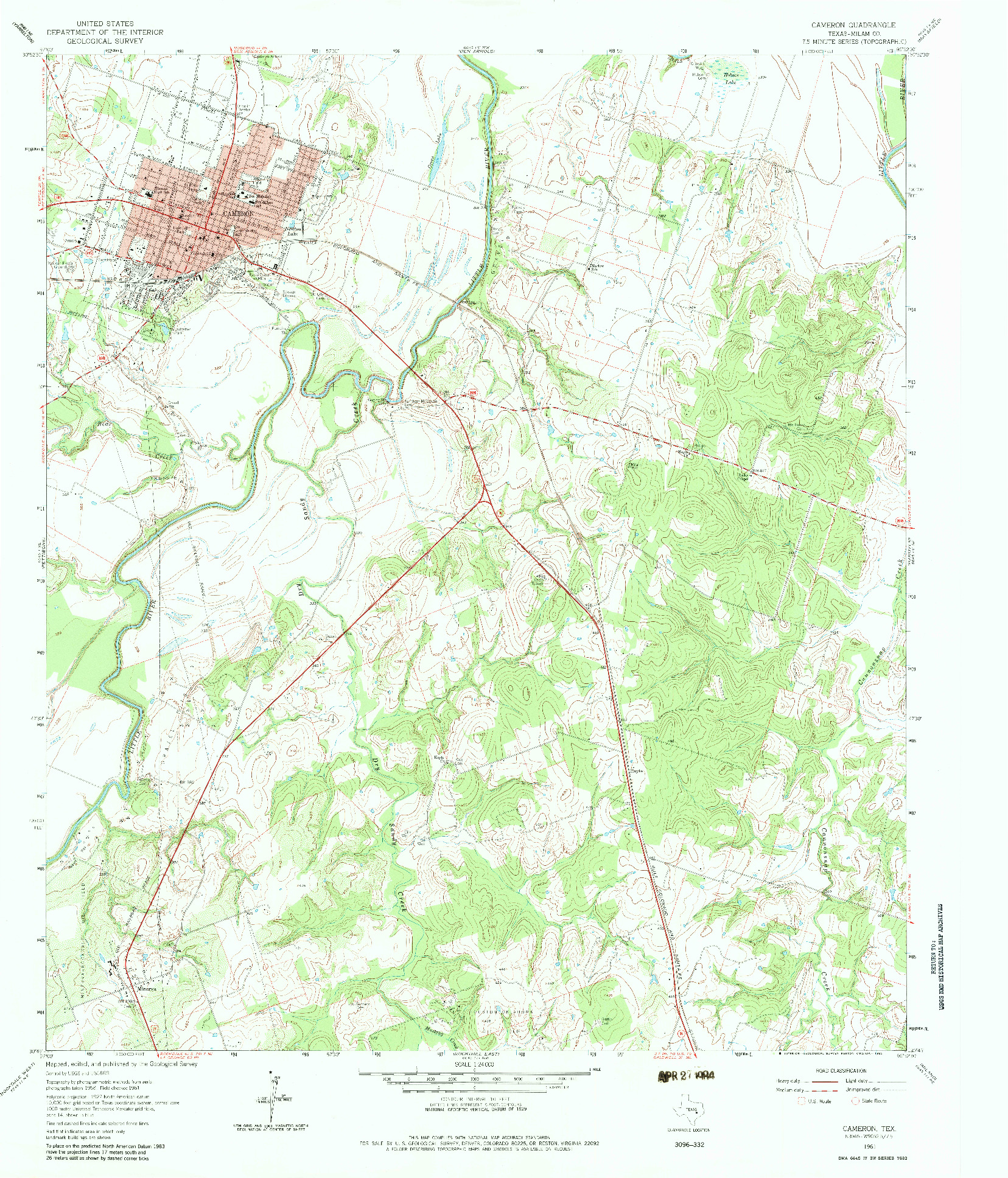 USGS 1:24000-SCALE QUADRANGLE FOR CAMERON, TX 1961