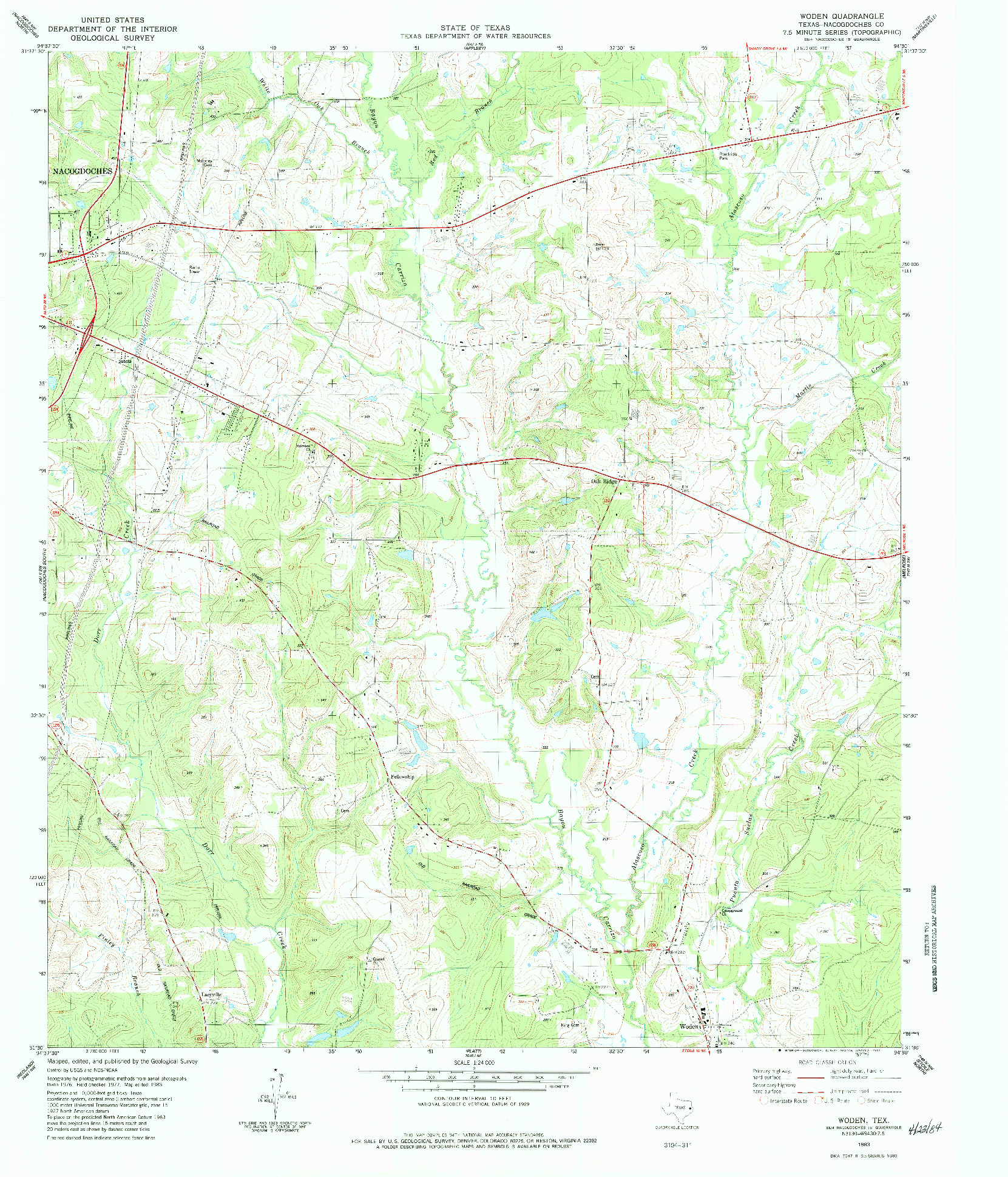 USGS 1:24000-SCALE QUADRANGLE FOR WODEN, TX 1983
