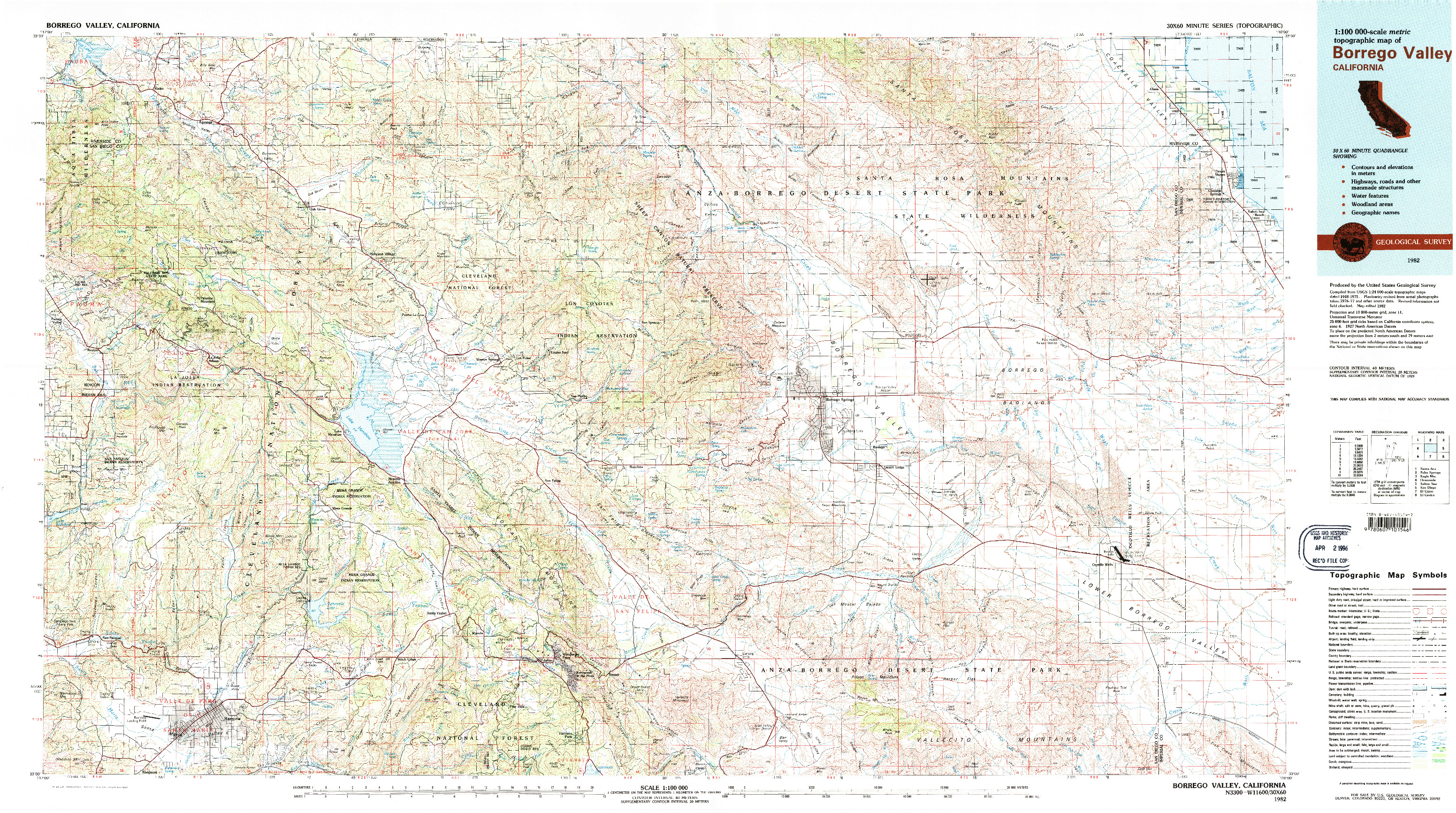 USGS 1:100000-SCALE QUADRANGLE FOR BORREGO VALLEY, CA 1982