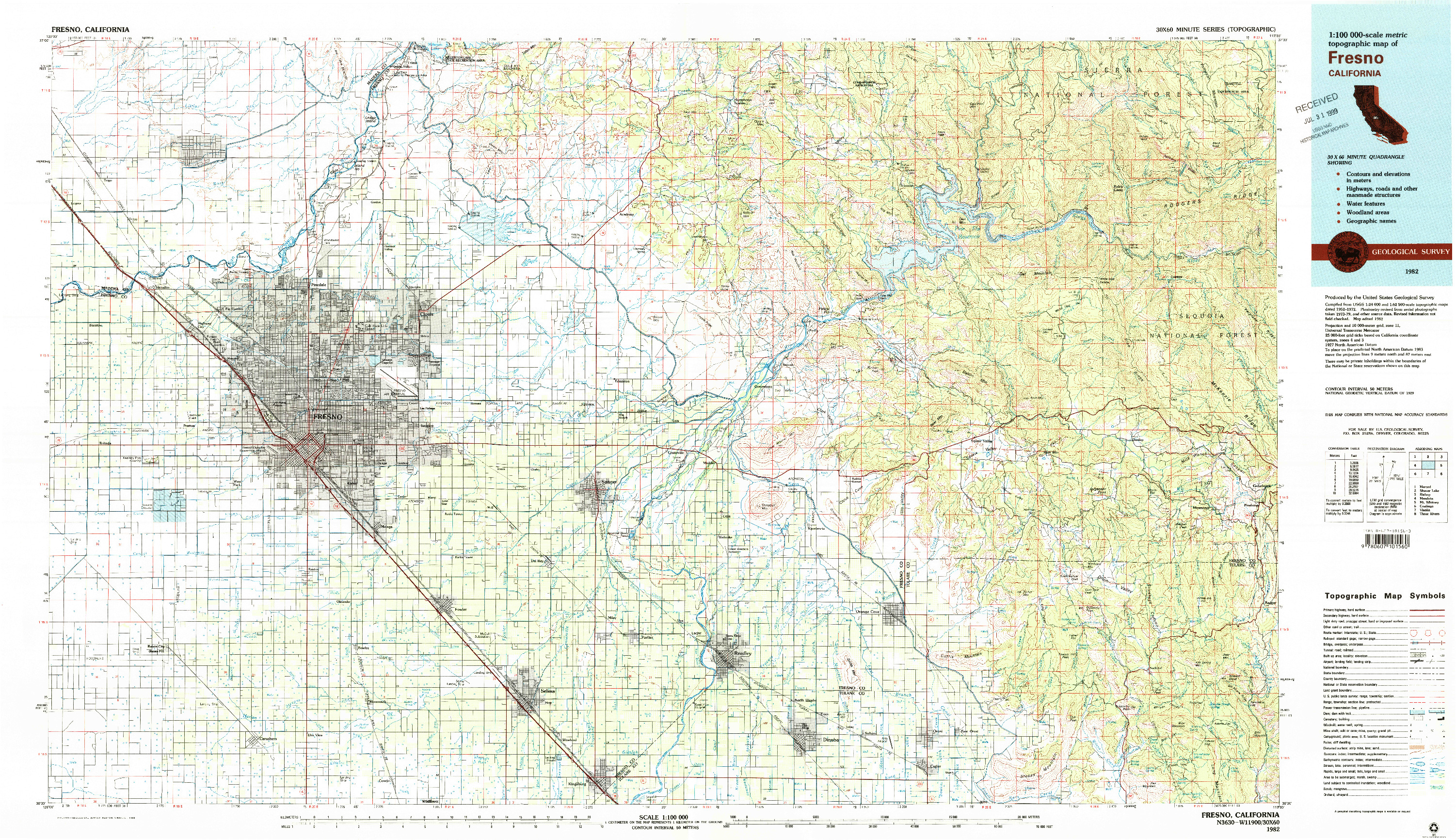 USGS 1:100000-SCALE QUADRANGLE FOR FRESNO, CA 1982