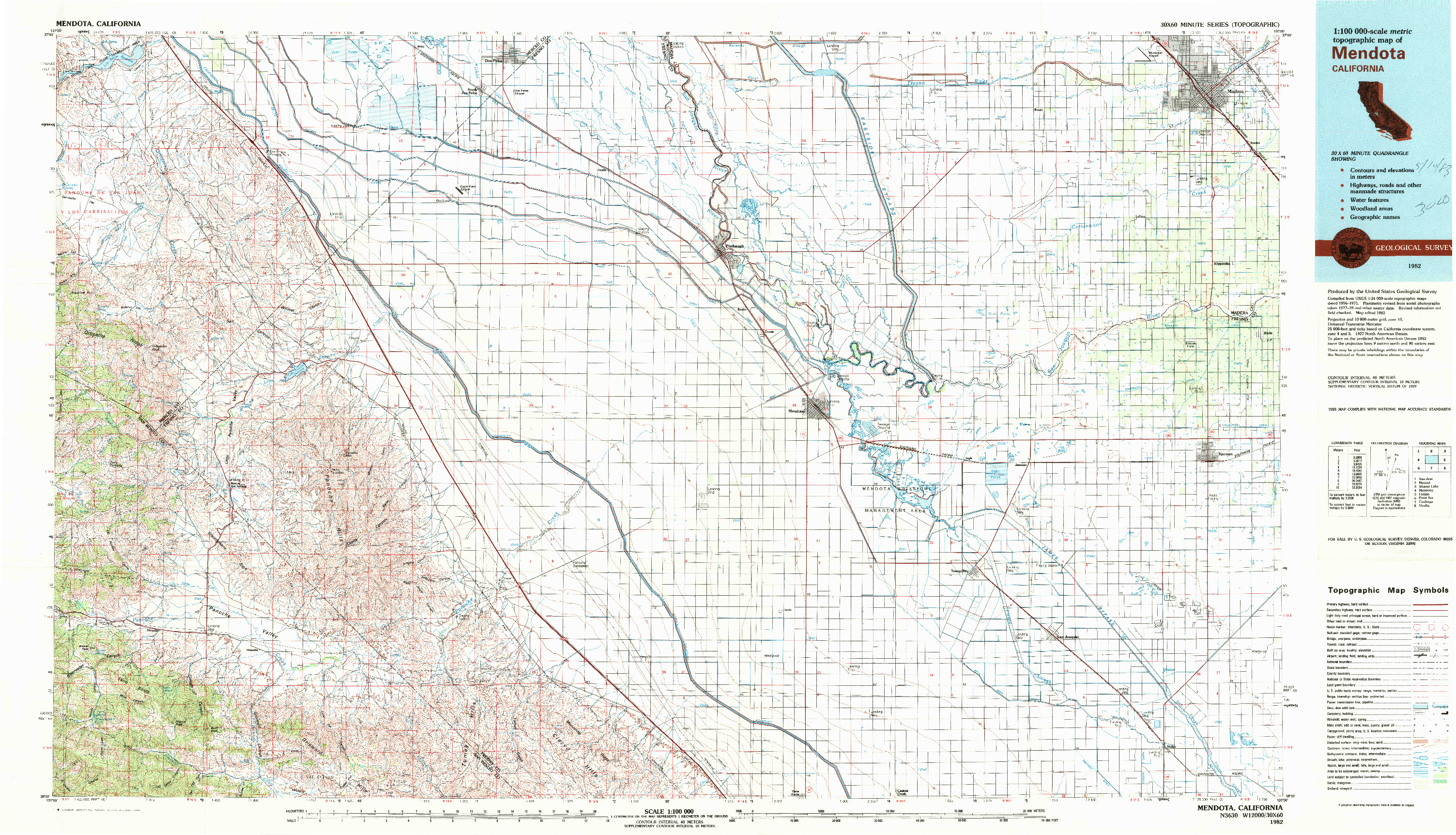 USGS 1:100000-SCALE QUADRANGLE FOR MENDOTA, CA 1982
