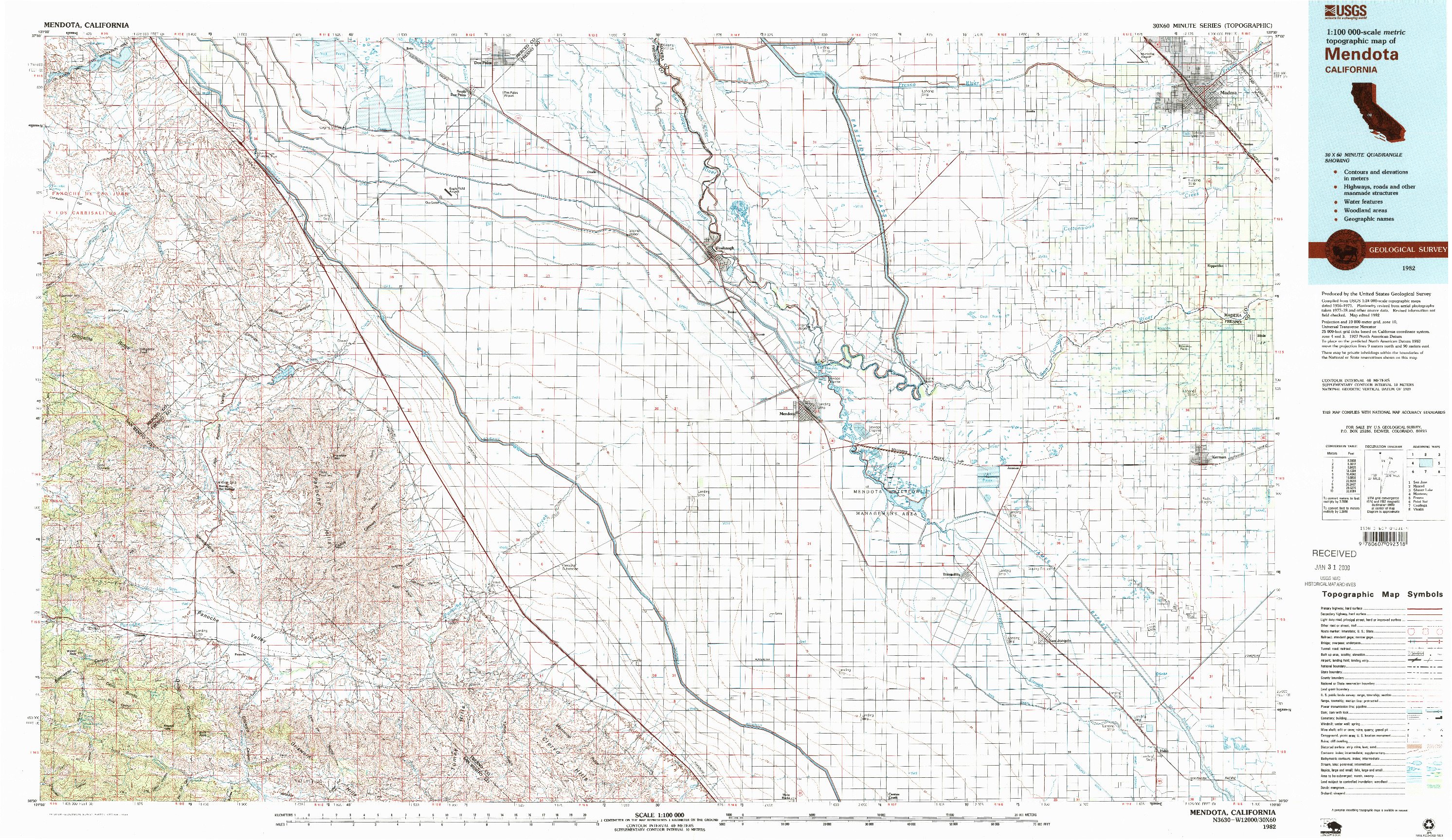 USGS 1:100000-SCALE QUADRANGLE FOR MENDOTA, CA 1982