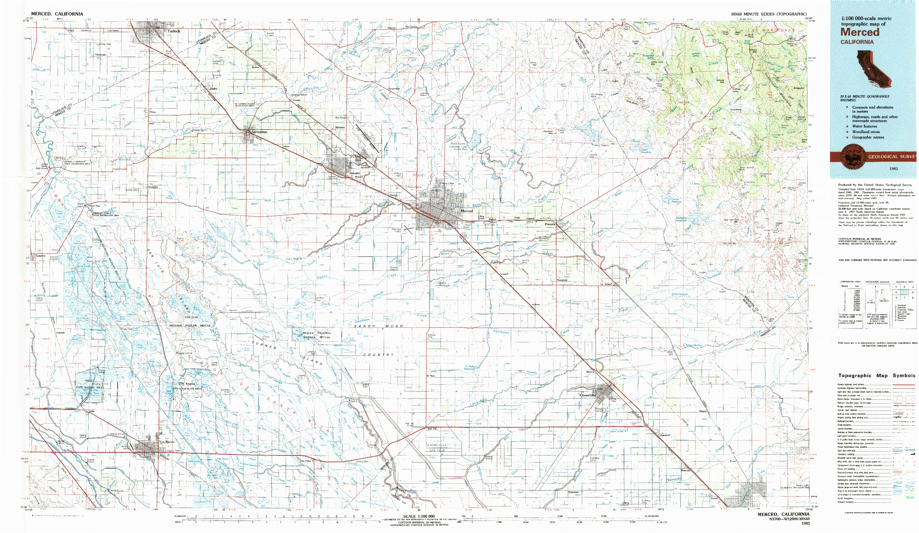 USGS 1:100000-SCALE QUADRANGLE FOR MERCED, CA 1983
