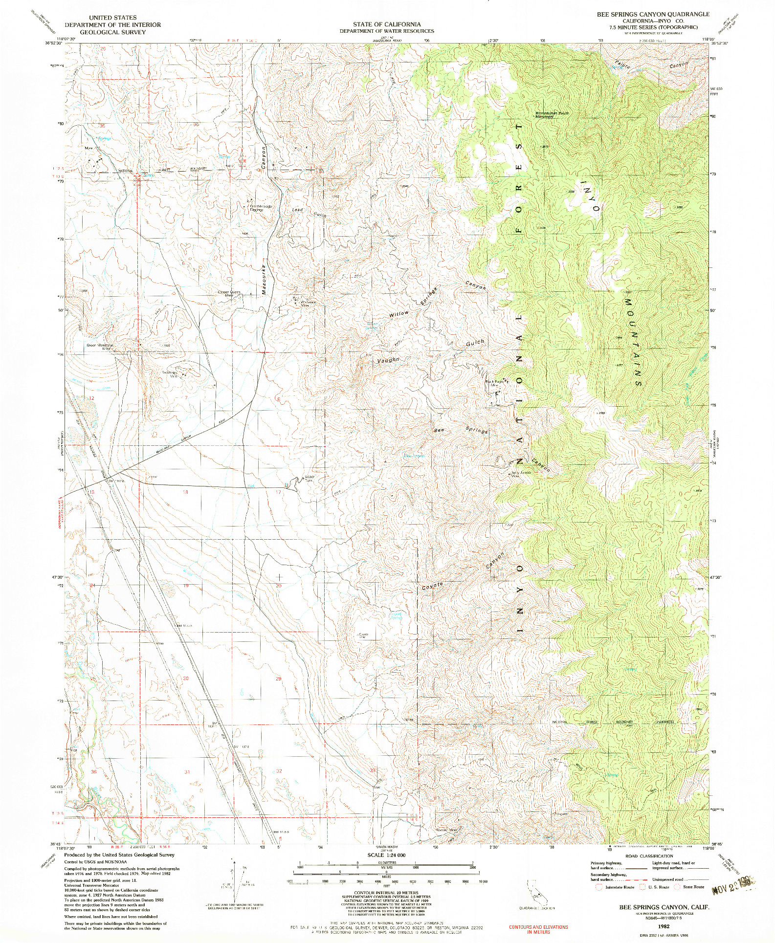 USGS 1:24000-SCALE QUADRANGLE FOR BEE SPRINGS CANYON, CA 1982