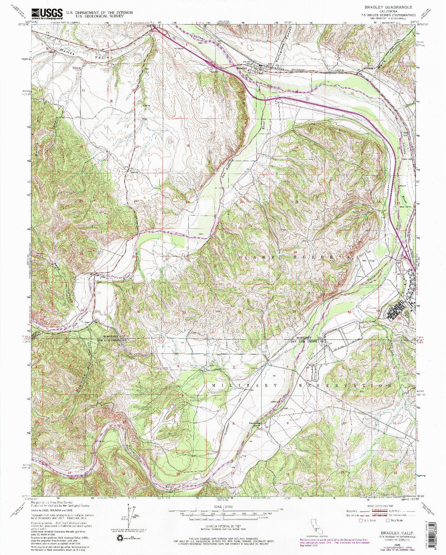 USGS 1:24000-SCALE QUADRANGLE FOR BRADLEY, CA 1949