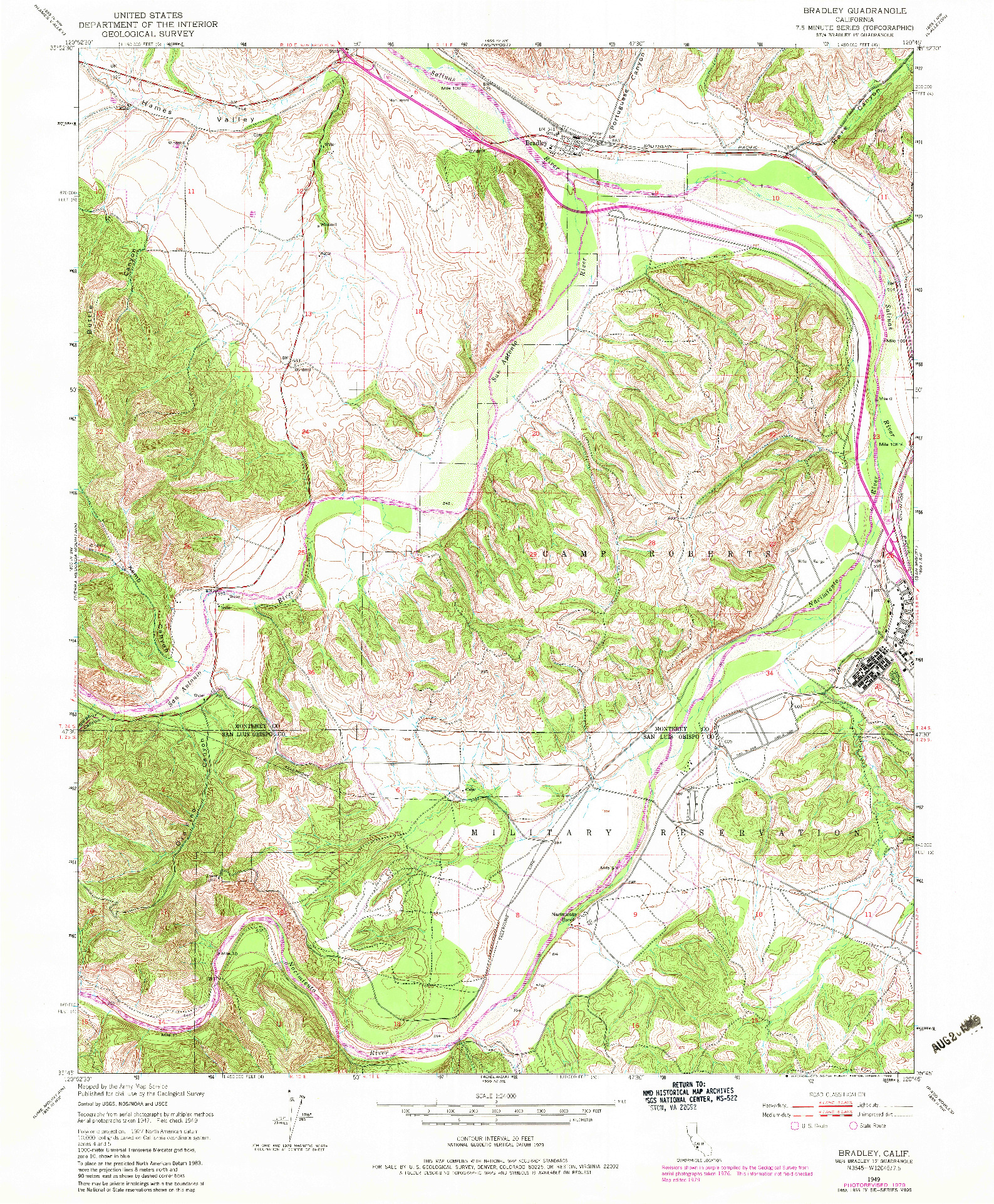 USGS 1:24000-SCALE QUADRANGLE FOR BRADLEY, CA 1949