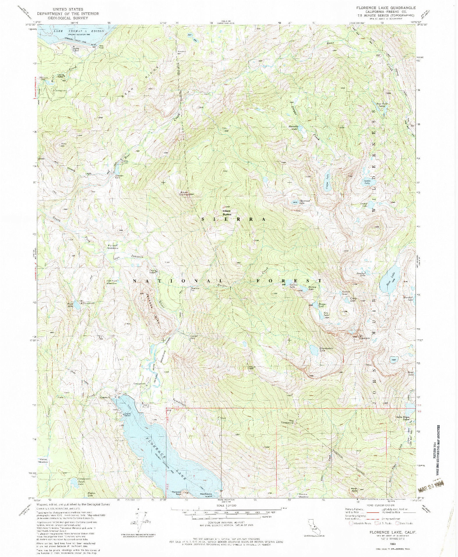 USGS 1:24000-SCALE QUADRANGLE FOR FLORENCE LAKE, CA 1983