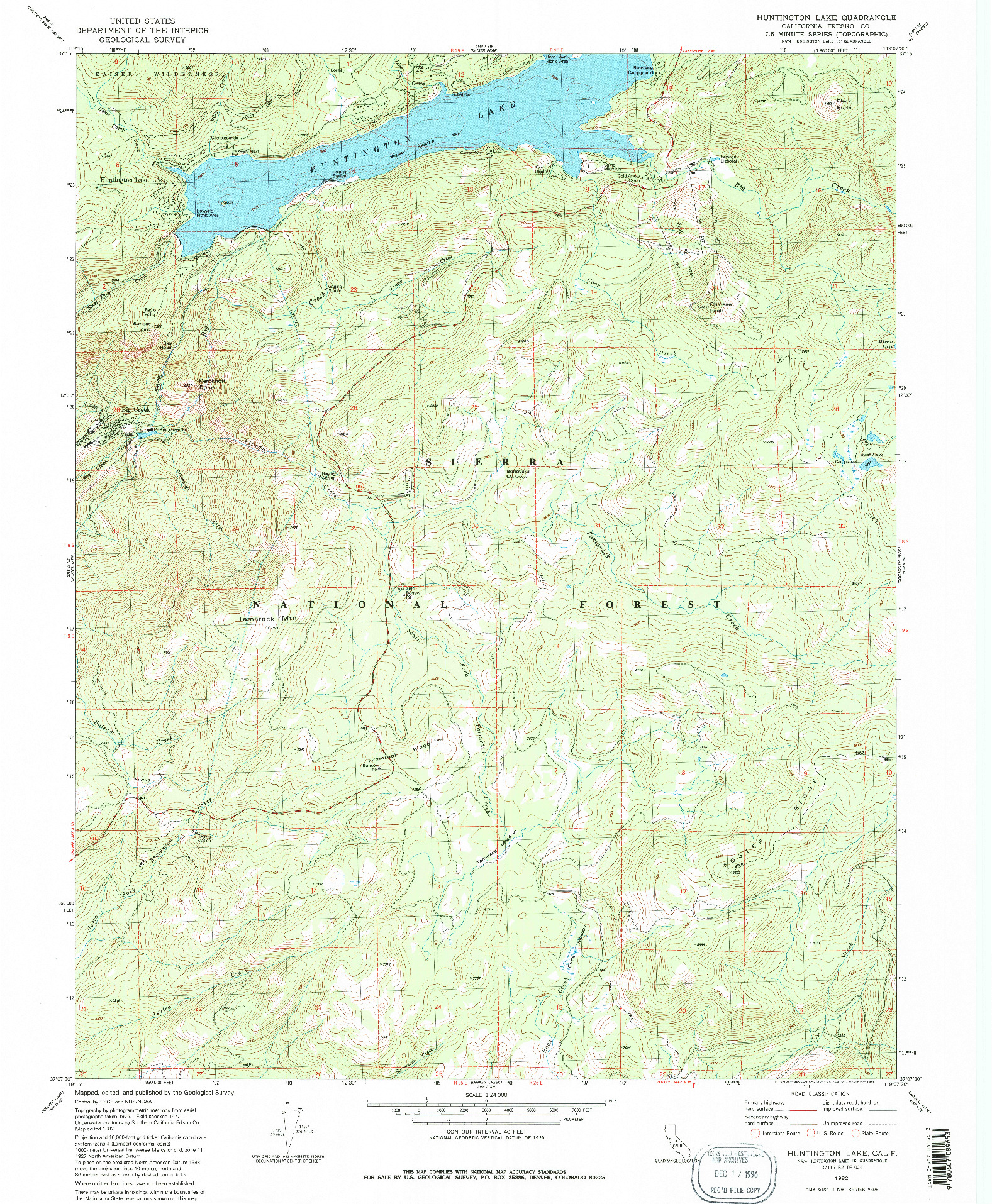 USGS 1:24000-SCALE QUADRANGLE FOR HUNTINGTON LAKE, CA 1982