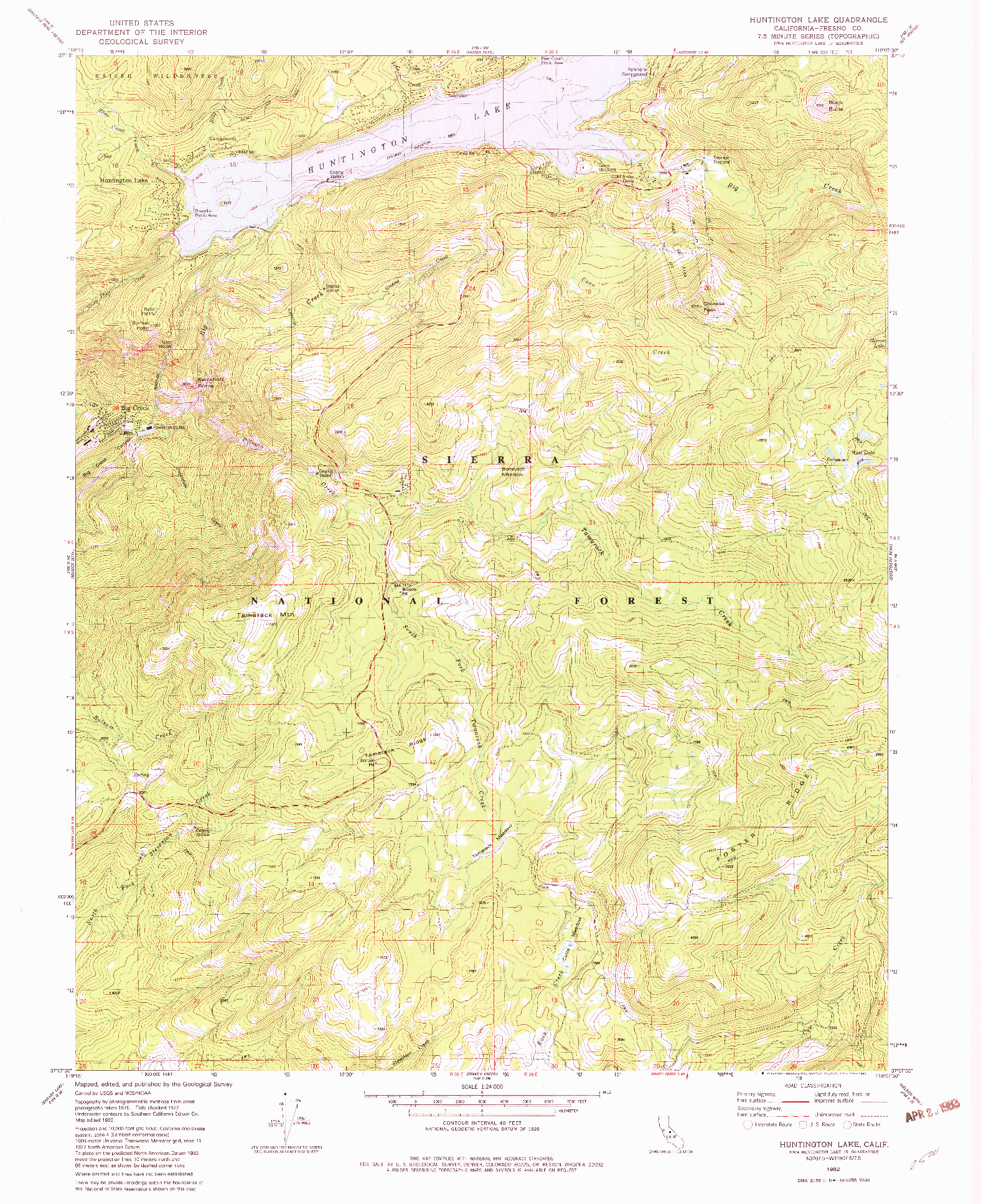 USGS 1:24000-SCALE QUADRANGLE FOR HUNTINGTON LAKE, CA 1982
