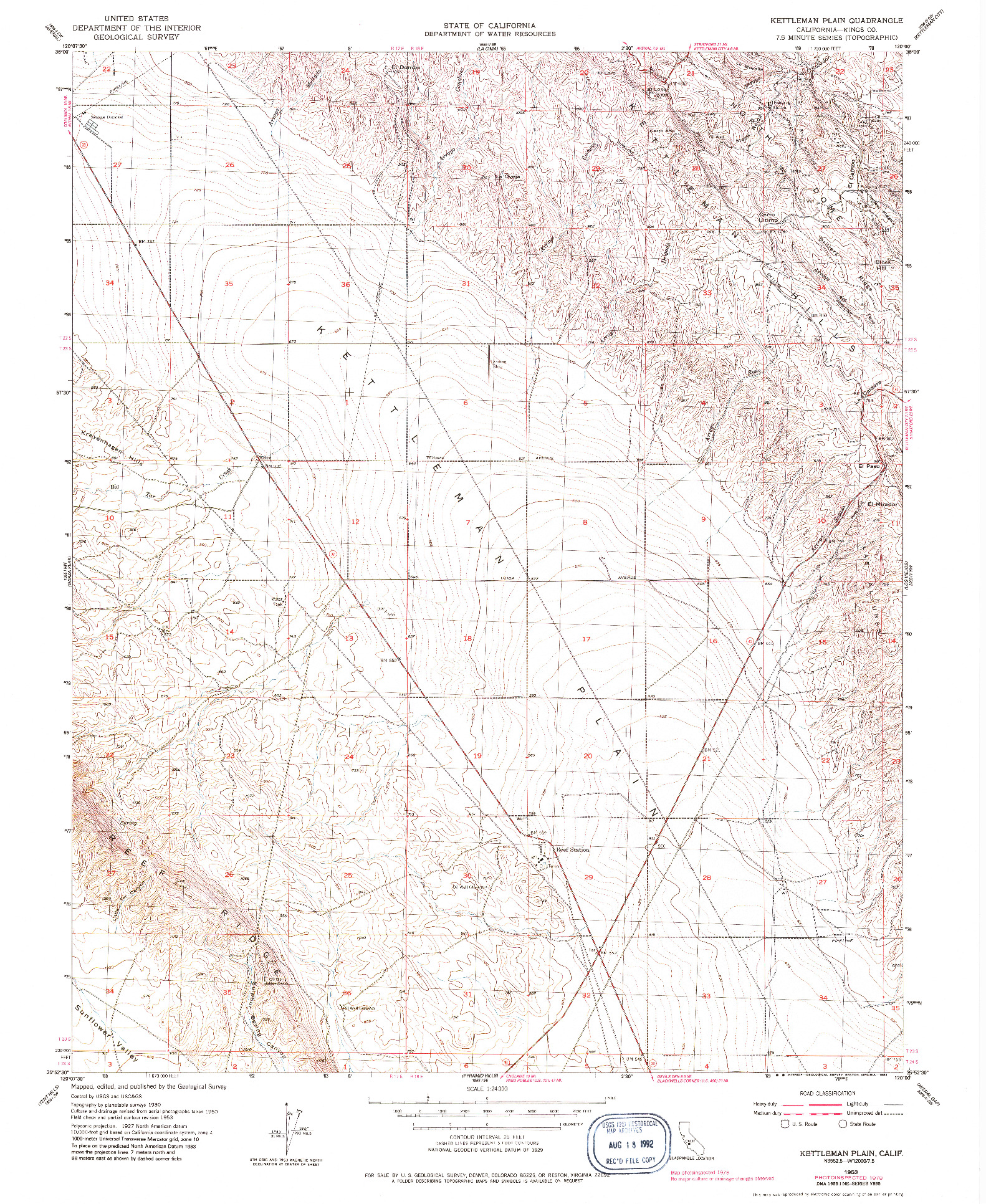 USGS 1:24000-SCALE QUADRANGLE FOR KETTLEMAN PLAIN, CA 1953