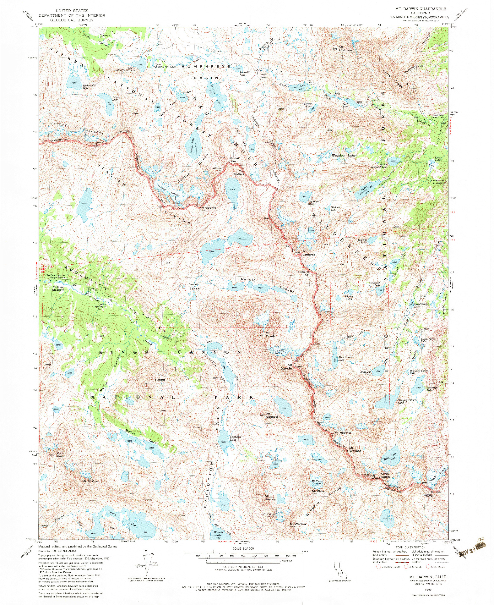 USGS 1:24000-SCALE QUADRANGLE FOR MT. DARWIN, CA 1983