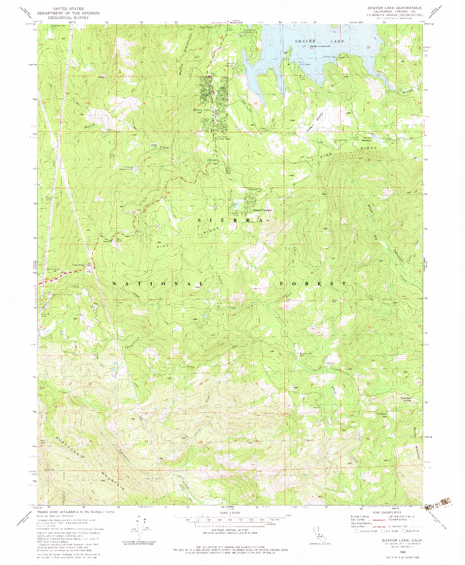 USGS 1:24000-SCALE QUADRANGLE FOR SHAVER LAKE, CA 1982