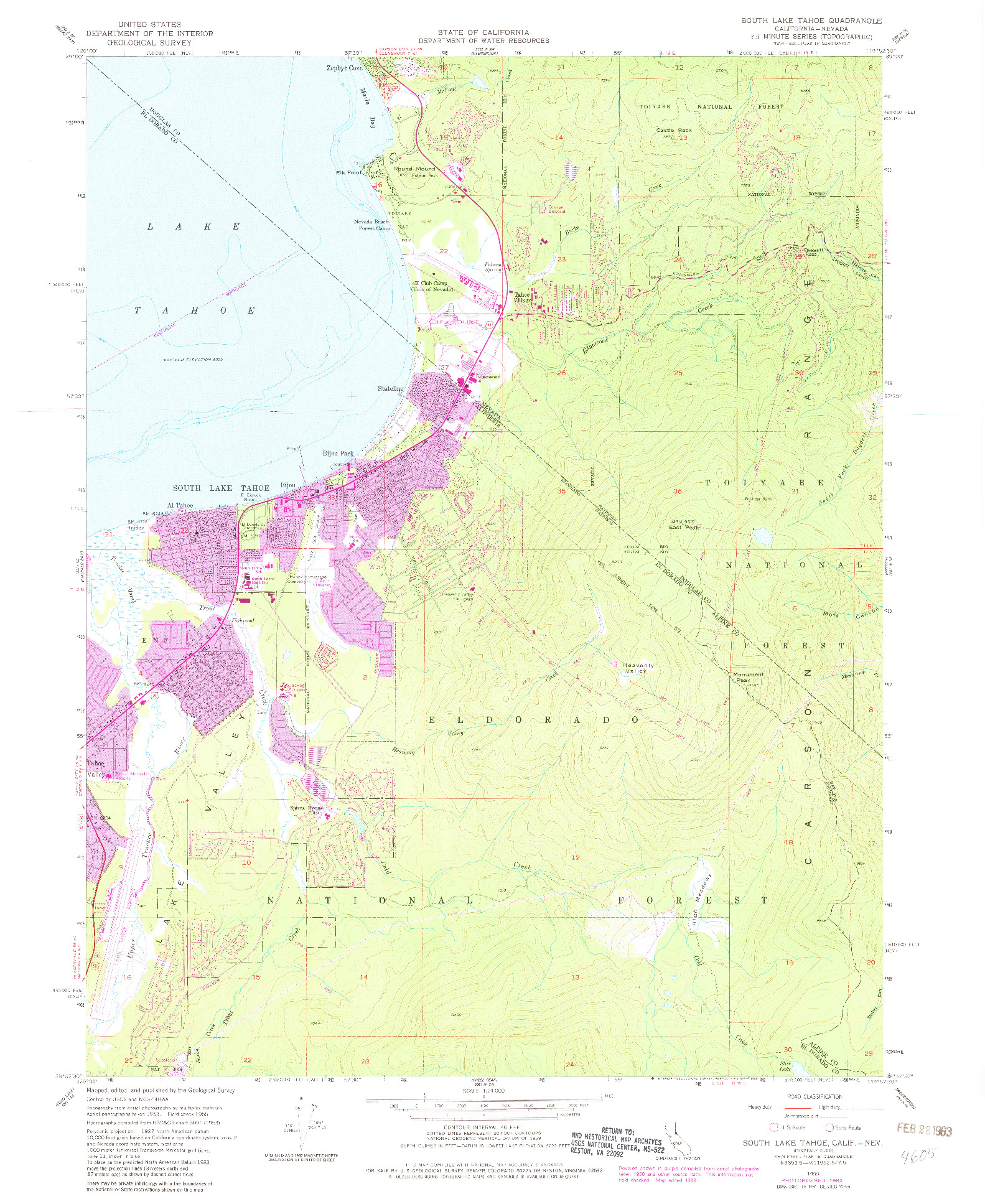 USGS 1:24000-SCALE QUADRANGLE FOR SOUTH LAKE TAHOE, CA 1955