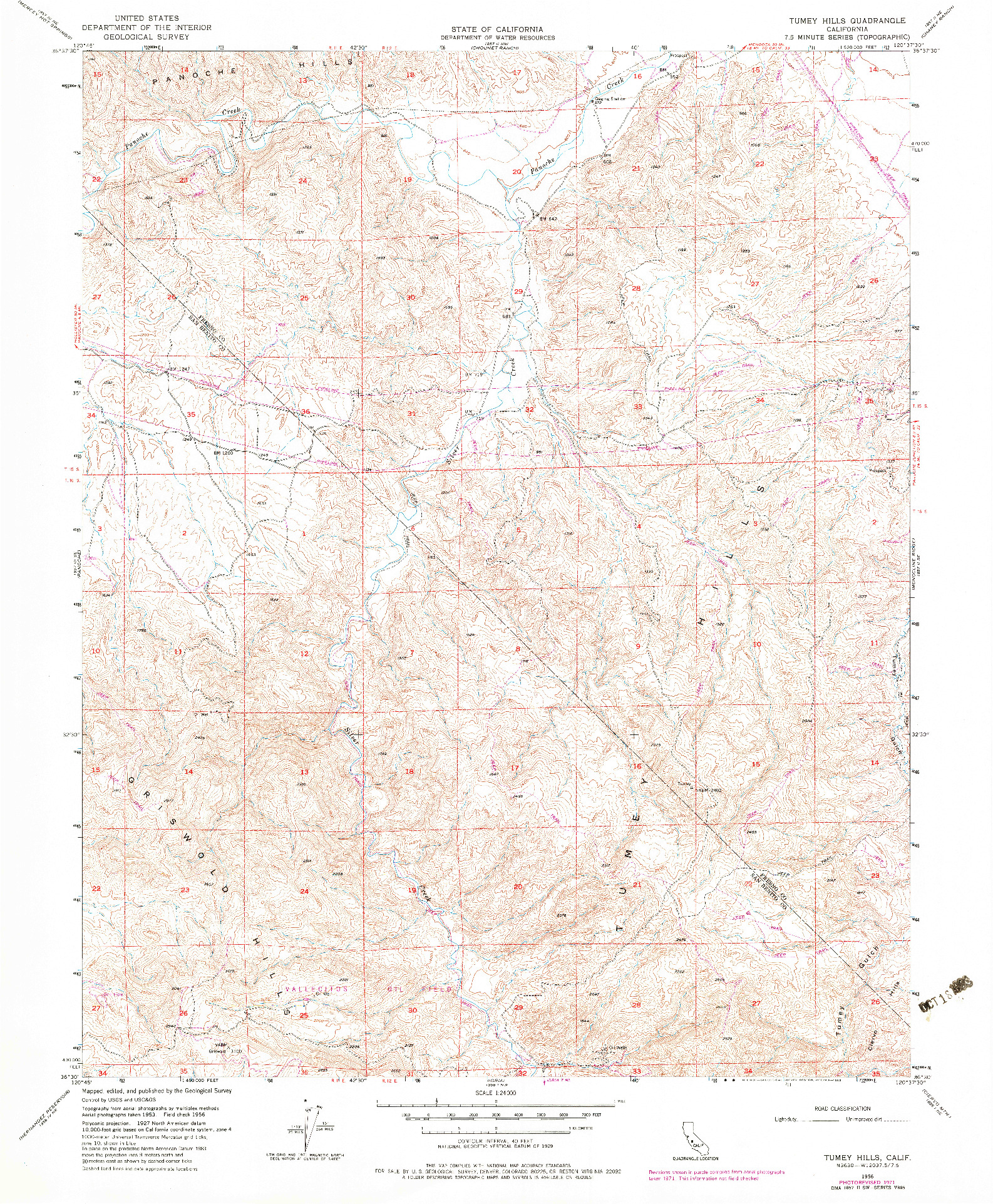 USGS 1:24000-SCALE QUADRANGLE FOR TUMEY HILLS, CA 1956
