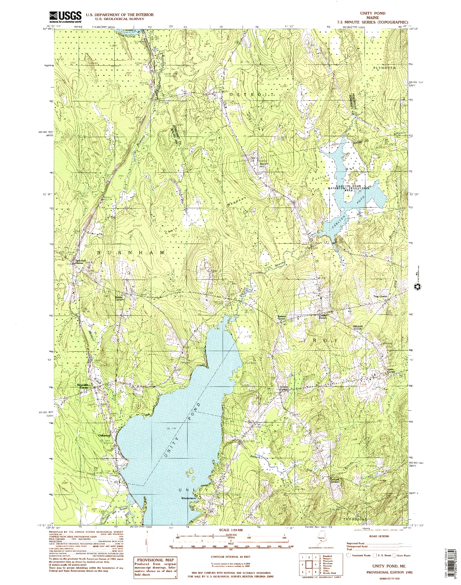 USGS 1:24000-SCALE QUADRANGLE FOR UNITY POND, ME 1982