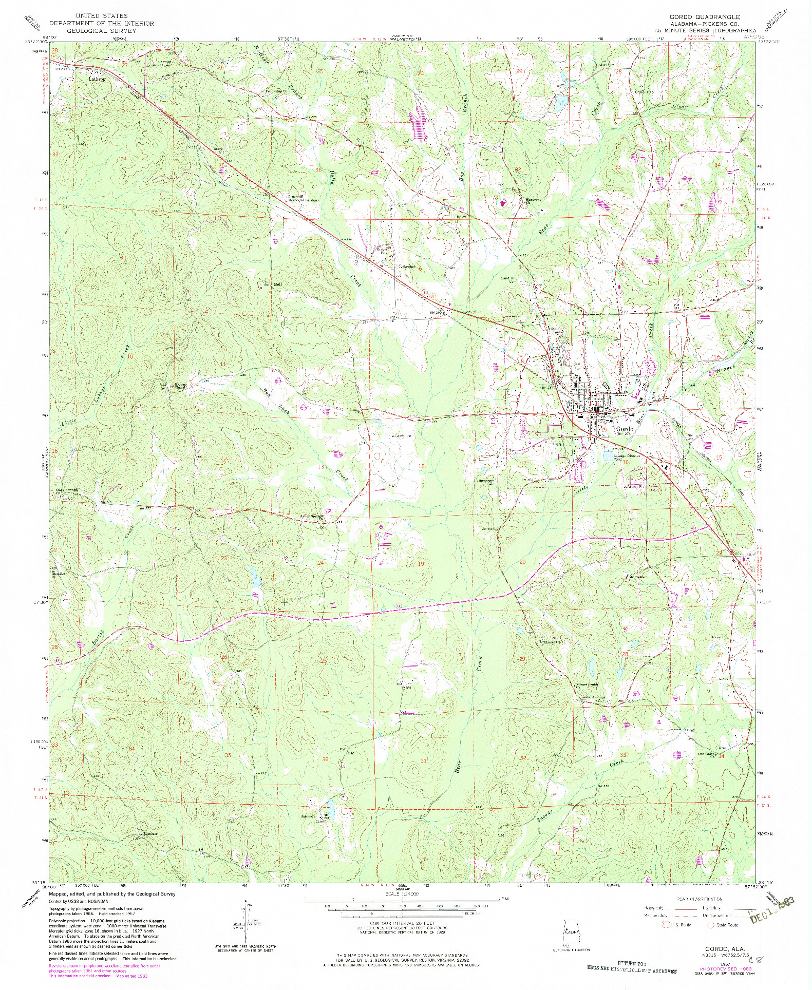 USGS 1:24000-SCALE QUADRANGLE FOR GORDO, AL 1967