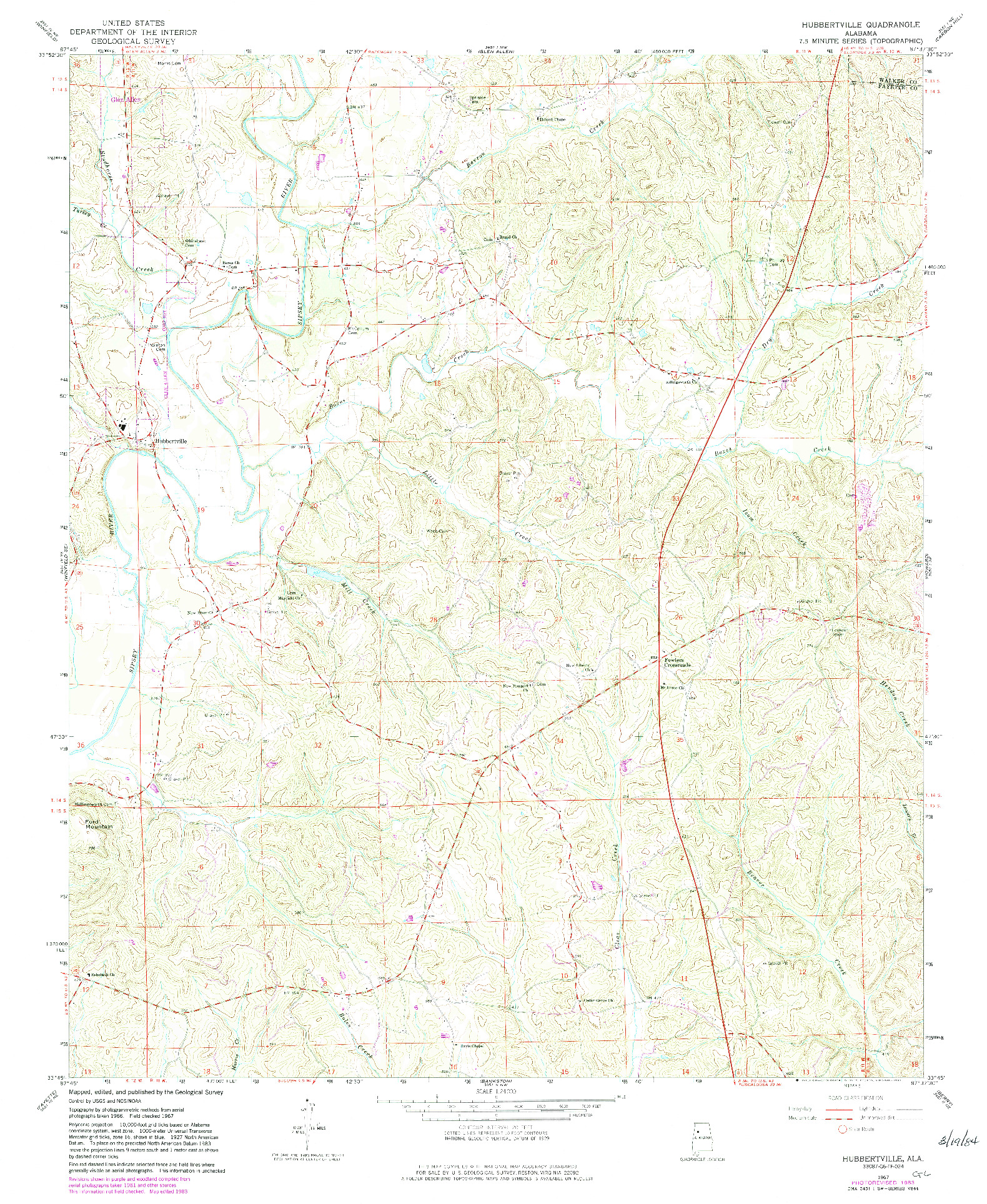 USGS 1:24000-SCALE QUADRANGLE FOR HUBBERTVILLE, AL 1967