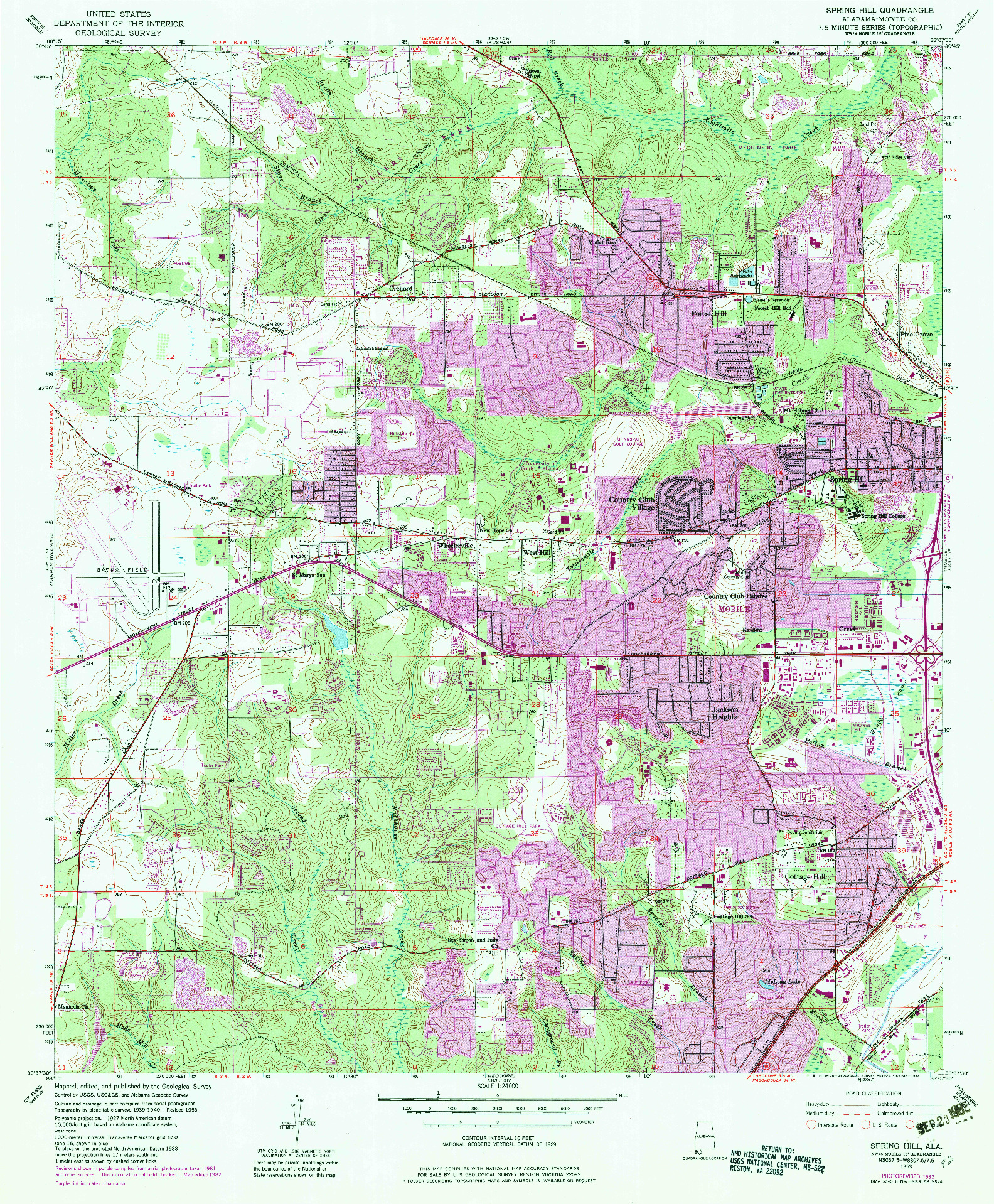 USGS 1:24000-SCALE QUADRANGLE FOR SPRING HILL, AL 1953