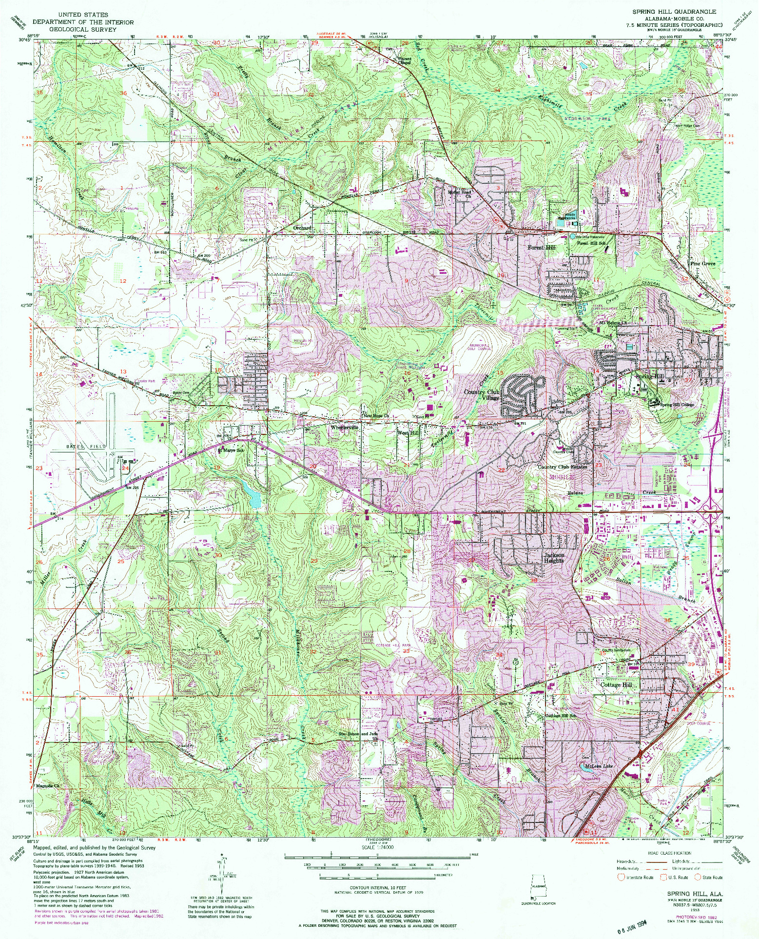 USGS 1:24000-SCALE QUADRANGLE FOR SPRING HILL, AL 1953