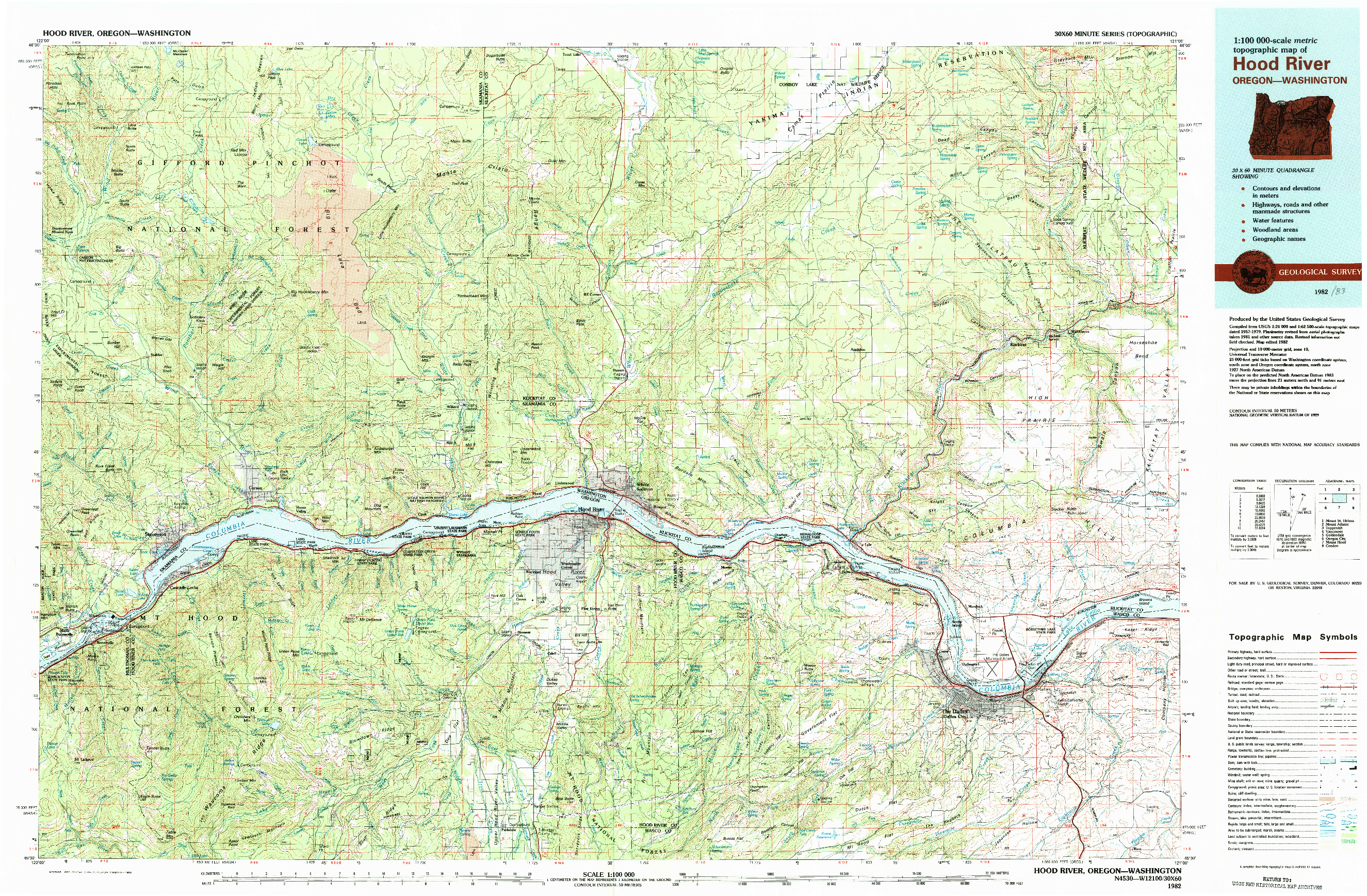 USGS 1:100000-SCALE QUADRANGLE FOR HOOD RIVER, OR 1982