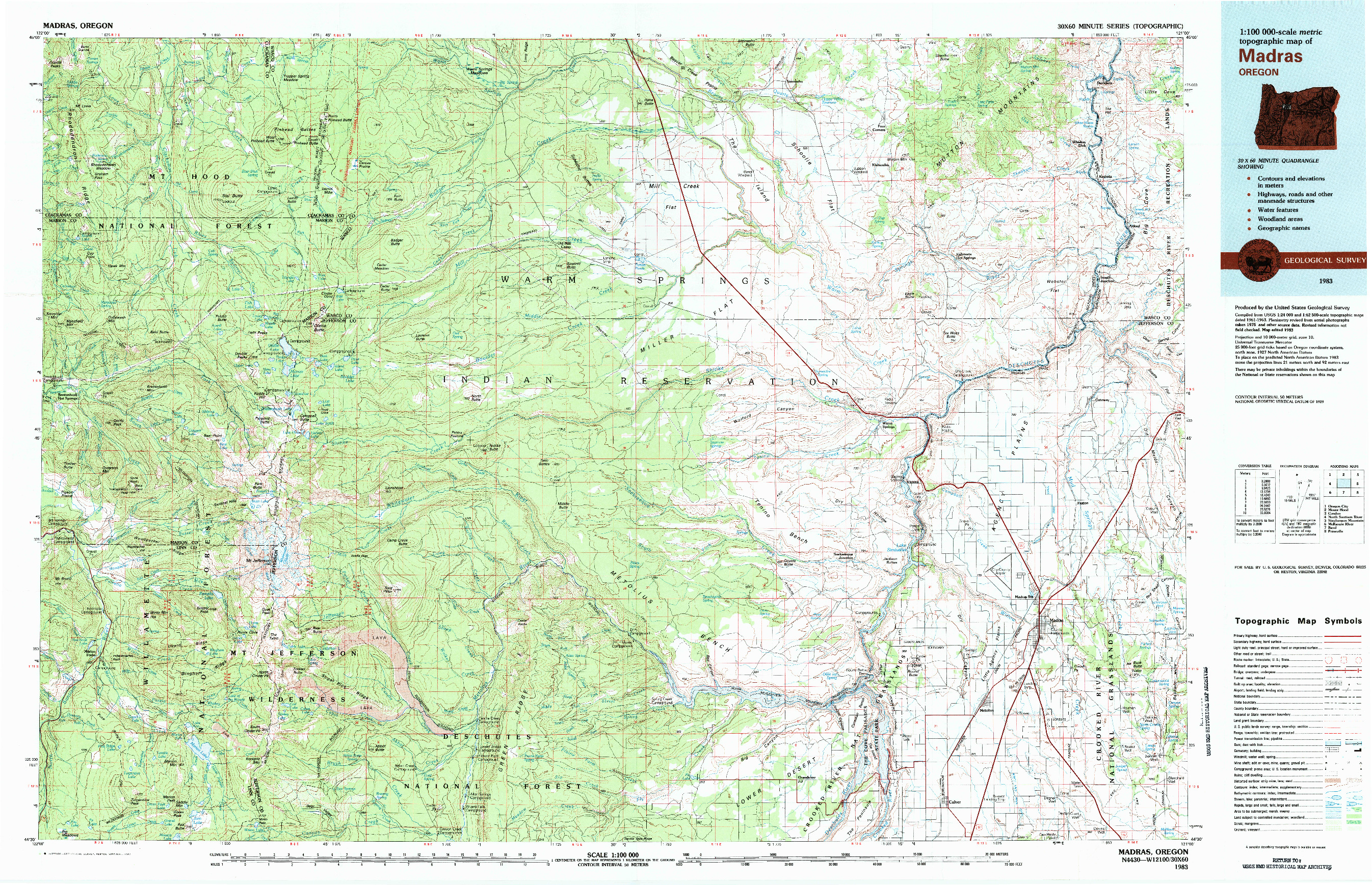 USGS 1:100000-SCALE QUADRANGLE FOR MADRAS, OR 1983