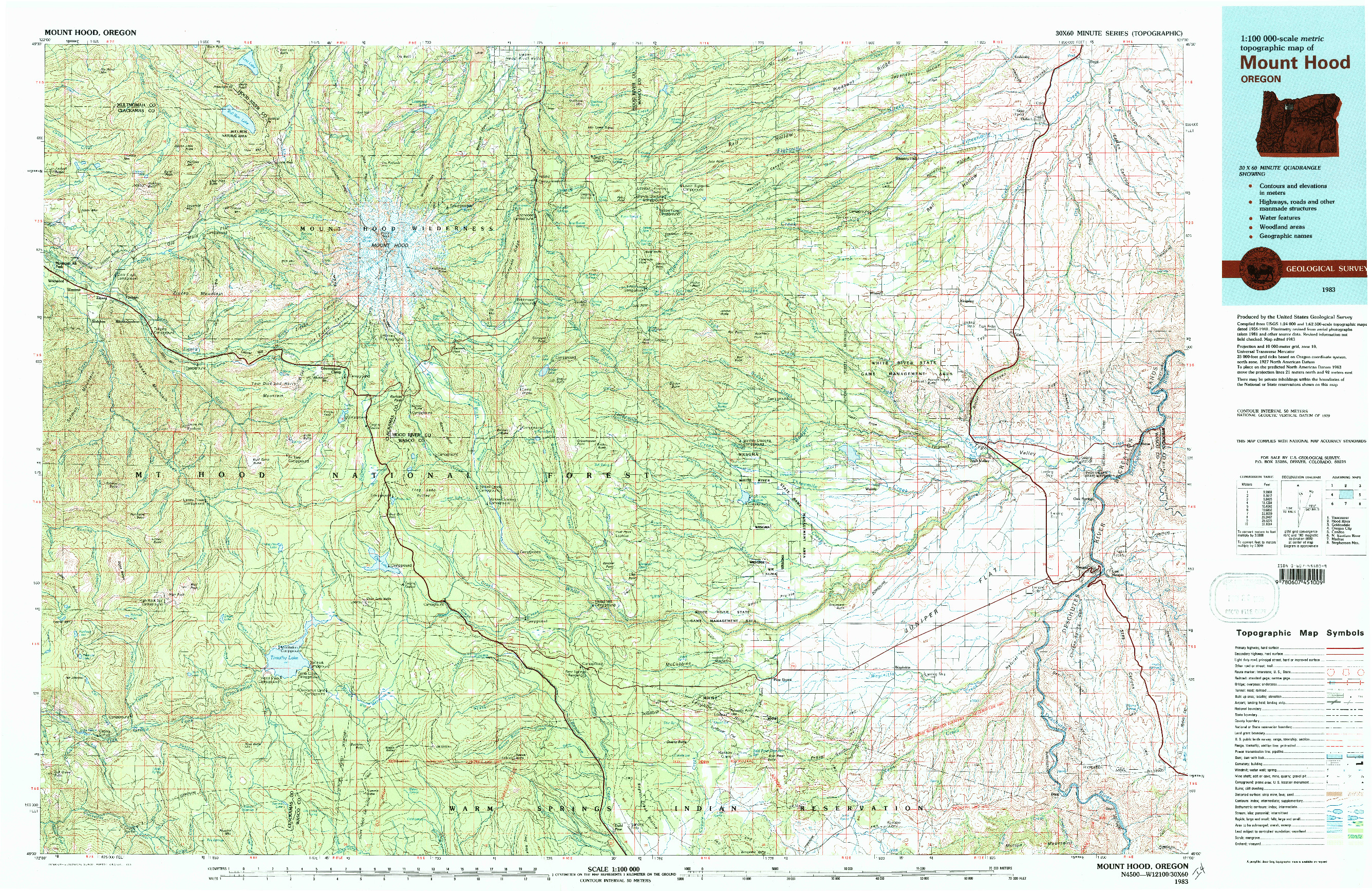 USGS 1:100000-SCALE QUADRANGLE FOR MOUNT HOOD, OR 1983